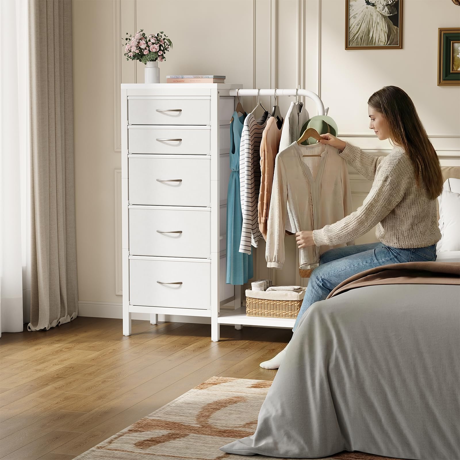 HOMRELEXA Kommode mit Schubladen, Kommode Weiß mit 5 Stoff Schubladen, Kleine Kommodeschrank mit Kleiderstange, Kinderkleiderschrank, Stoffkommode für Schlafzimmer Kinderzimmer Wohnzimmer Flur
