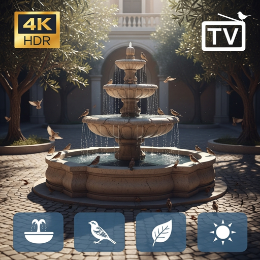 Gentle Fountain Courtyard 4K – Sparrows TV Screensaver