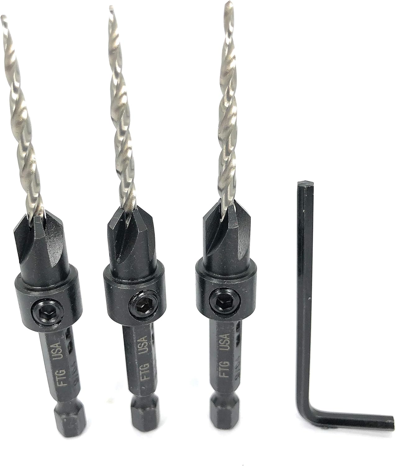FTG USA Countersink Drill Bit Set 3 Pc #6 (9/64") Wood Countersink Drill Bit Pack Same Size Set Countersink HSS M2 Tapered Countersink Bit, 1/8" Hex Wrench, and 6 Replacement Bits #6 (9/64")