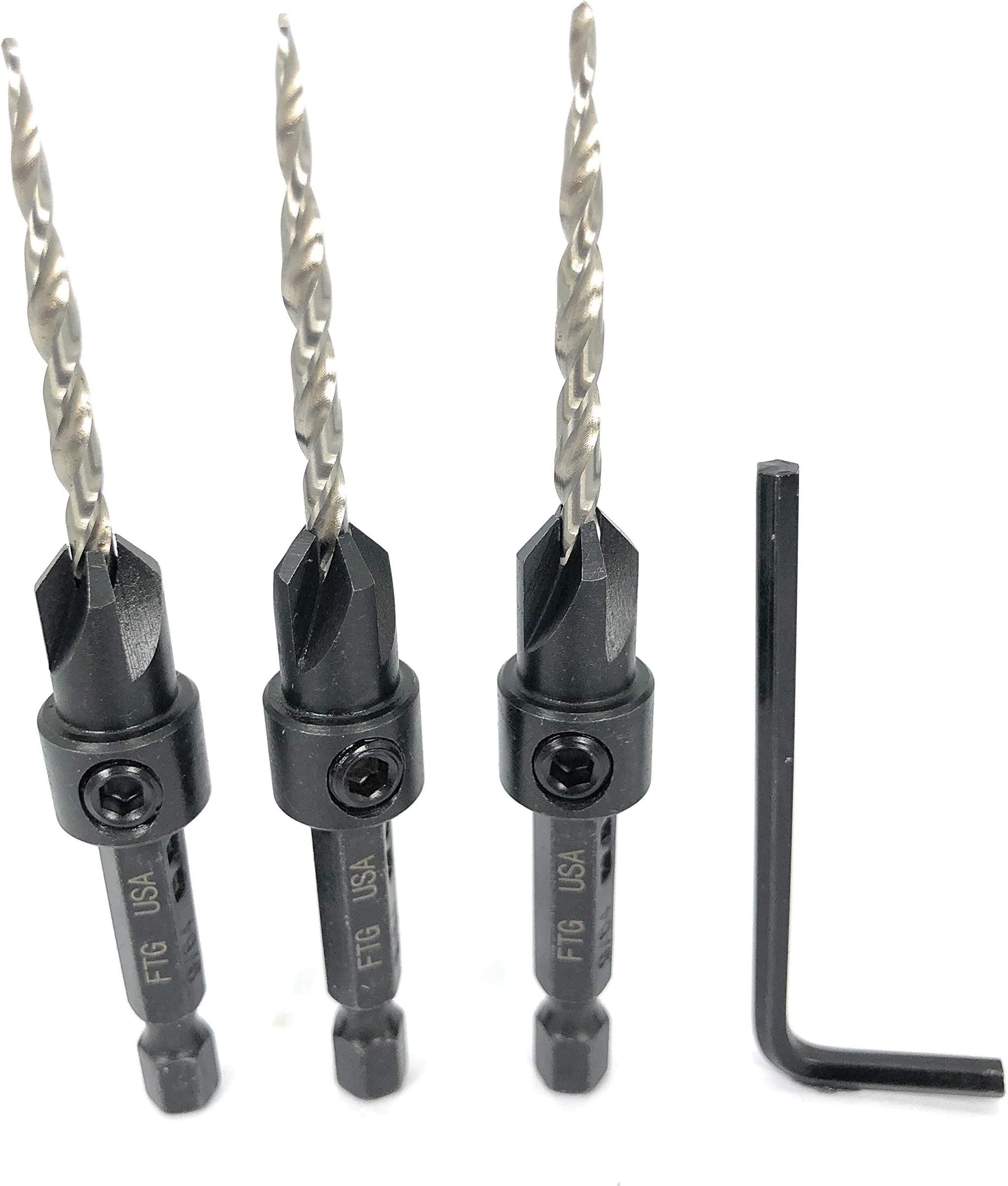 FTG USA 3 Piece Adjustable Wood Countersink Value Pack Same Size #6 (9/64") Tapered Drill Bit with Hex Wrench