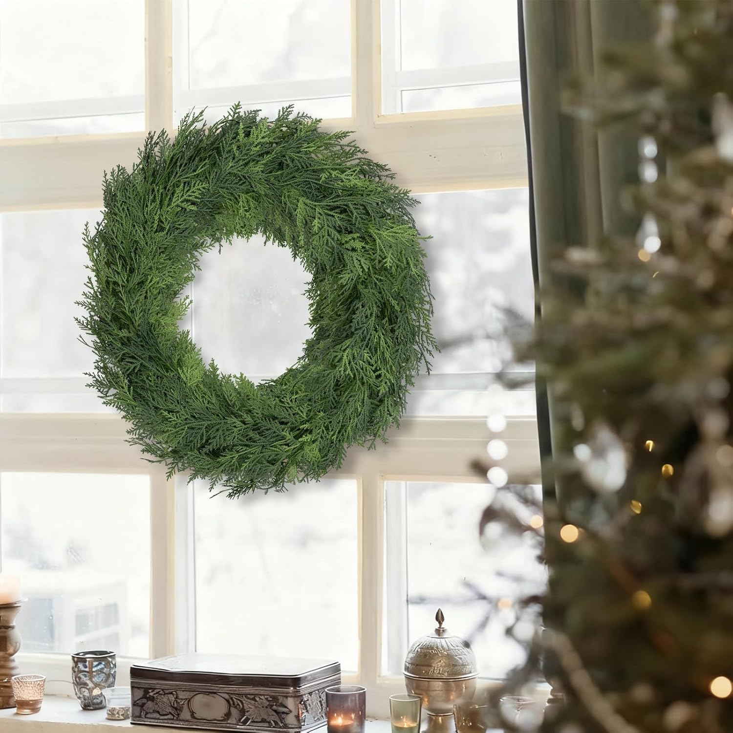 Cedar Wreaths for Front Door Christmas - Wreath 20 Inch Real Touch Holiday Outdoor Wreath for Decorating Artificial Plain Winter Pine Modern Farmhous Wreaths for Indoor NEW-BBYHH-24IN - Image 8
