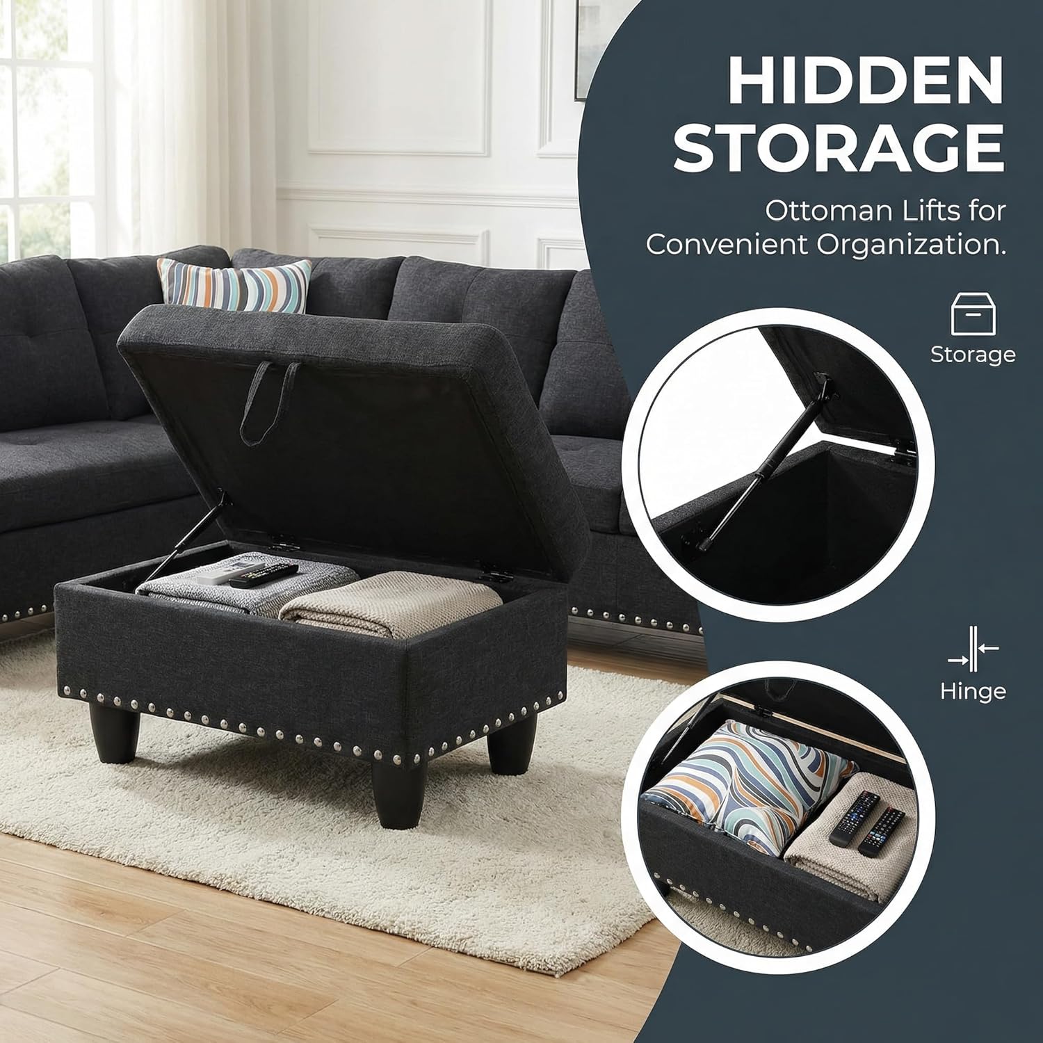 97" Linen 4-Seat L-Shaped Sectional Sofa with Movable Chaise & Storage Ottoman - 3-Piece Modular Convertible Couch for Living Room, Bedroom, Apartment & Office, Black Grey