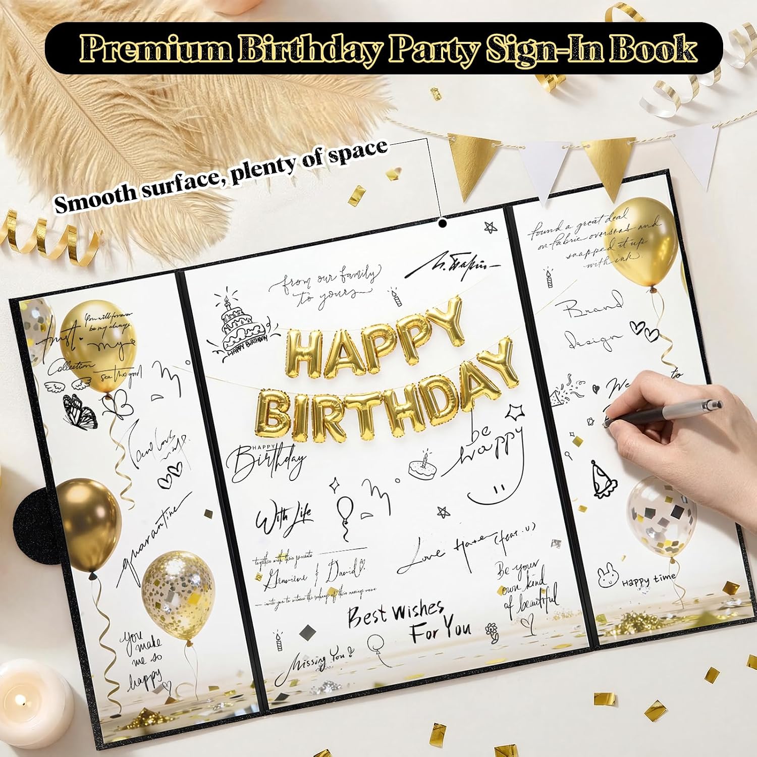 Jumbo Birthday Signature Board, Foldable Guest Book Alternative | Magnetic Closure, Sparkling Cover, 3-Panel Sign-In Book, For Birthday Party Decorations And Messages
