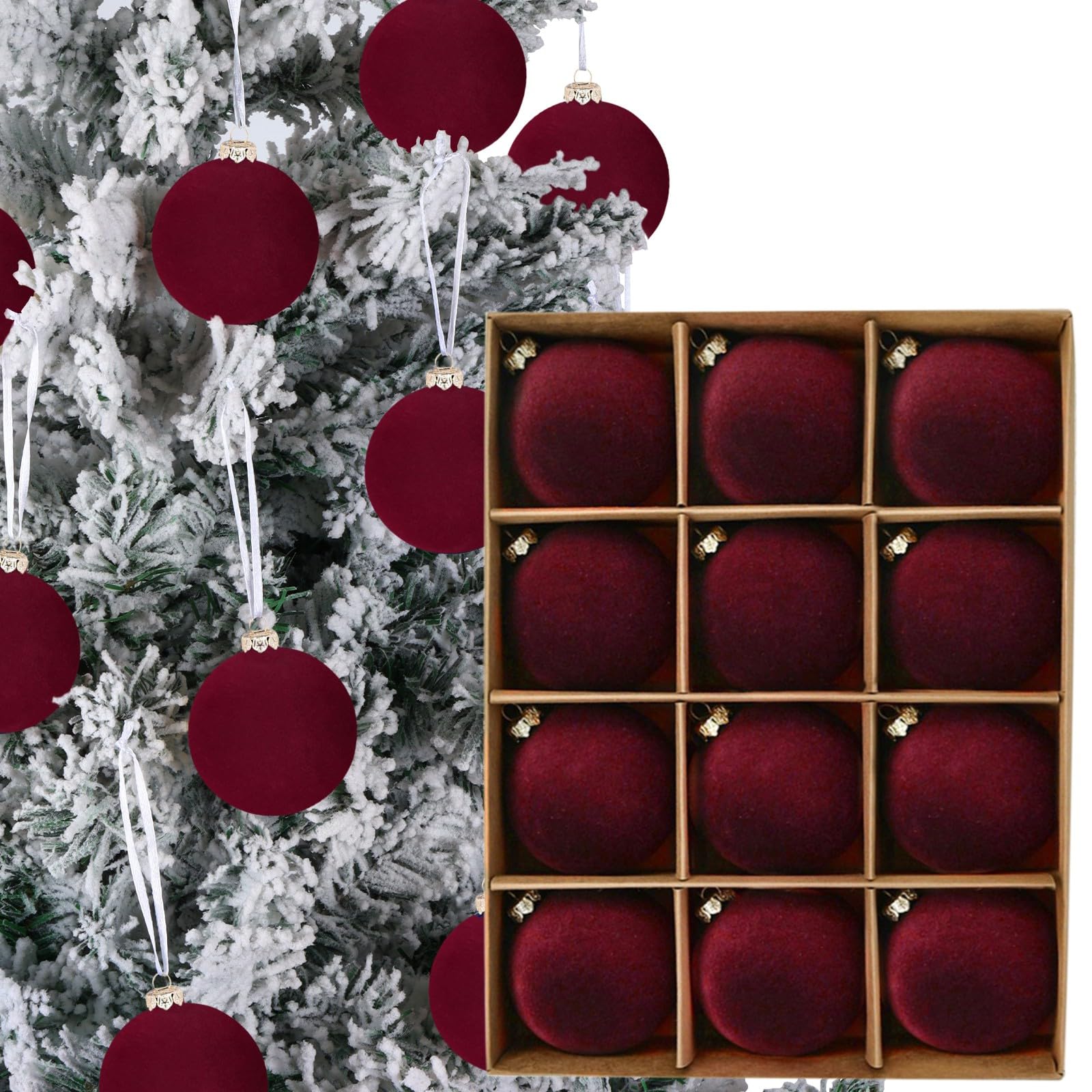 12pcs Christmas Tree Hanging Ball Decoration 2.4Inch Velvet Christmas Ornaments Balls Flocked Shatterproof Plastic Xmas Tree Ball for Party Holiday Wedding Home Decor (1, Burgundy, 12PCS)