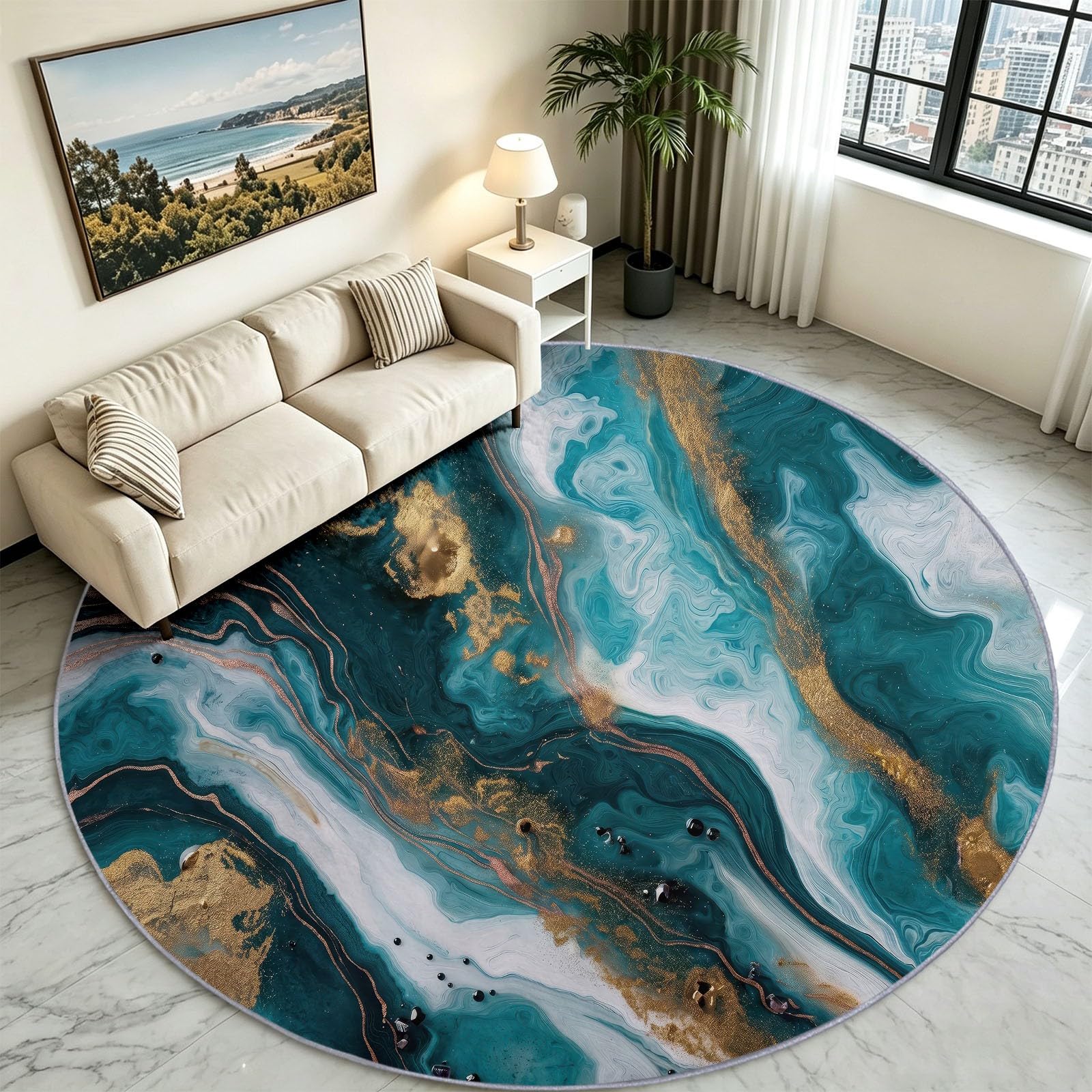 Générique Tapis Rond 200 cm Lavable en Machine, Antidérapante Poils Courts Moderne Marbre Fluide Doux Tapis de Sol Décoration pour Salon, Chambre, Cuisine, Salle à Manger, Bureau (Vert)