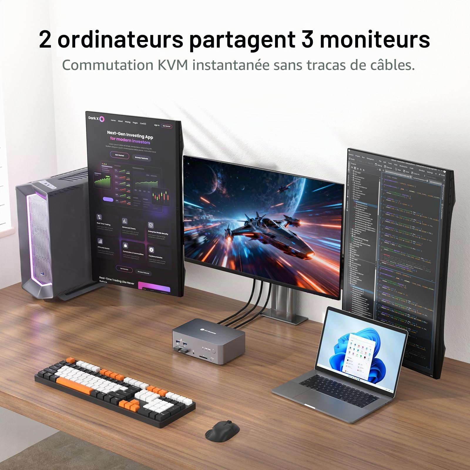 Commutateur KVM 8K AV Access 8K, 3 moniteurs, 2 ordinateurs, station d'accueil KVM pour ordinateur portable + ordinateur de bureau, 100 W PD, GbE, 2 concentrateurs USB 3.2 10 Gbit/s USB-C, lecteur SD