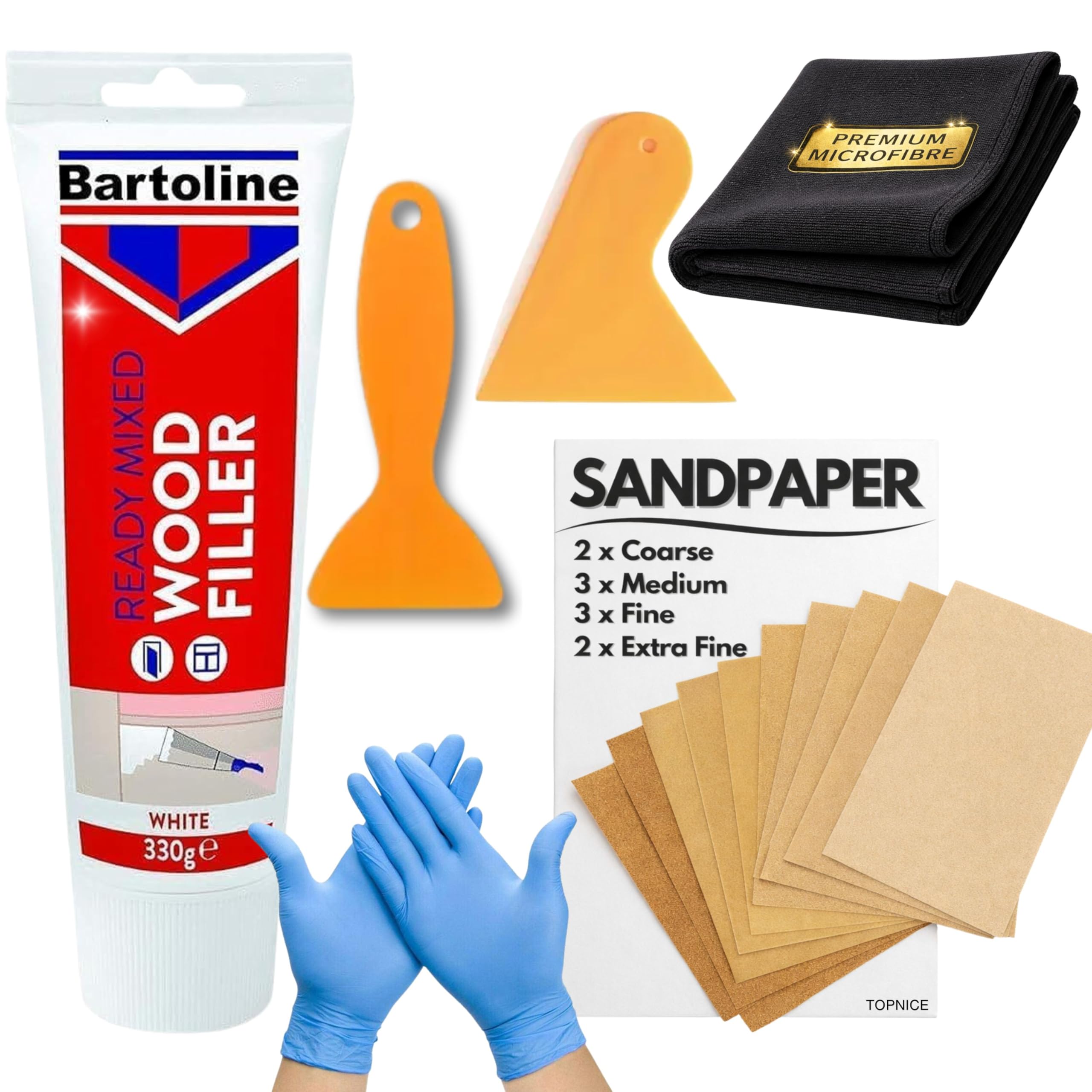 Wood Filler White 330g - Ready Mixed for Multipurpose Use with 10 Assorted Sandpapers, 2 Spreaders, Microfibre Cloth and a Pair of Gloves - Ideal Wood filler exterior and interior - Packaging May Vary