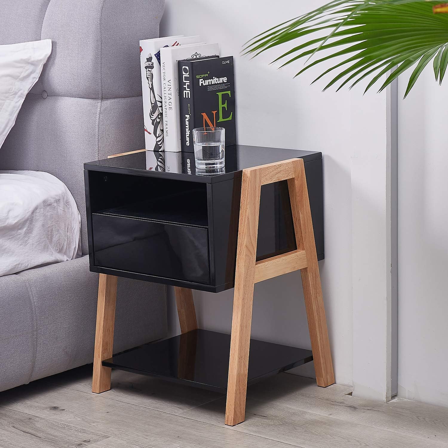 TaoHFE End Table with Drawer 3-Tier, Nightstand Bedside Table for Bedroom Living Room, Black
