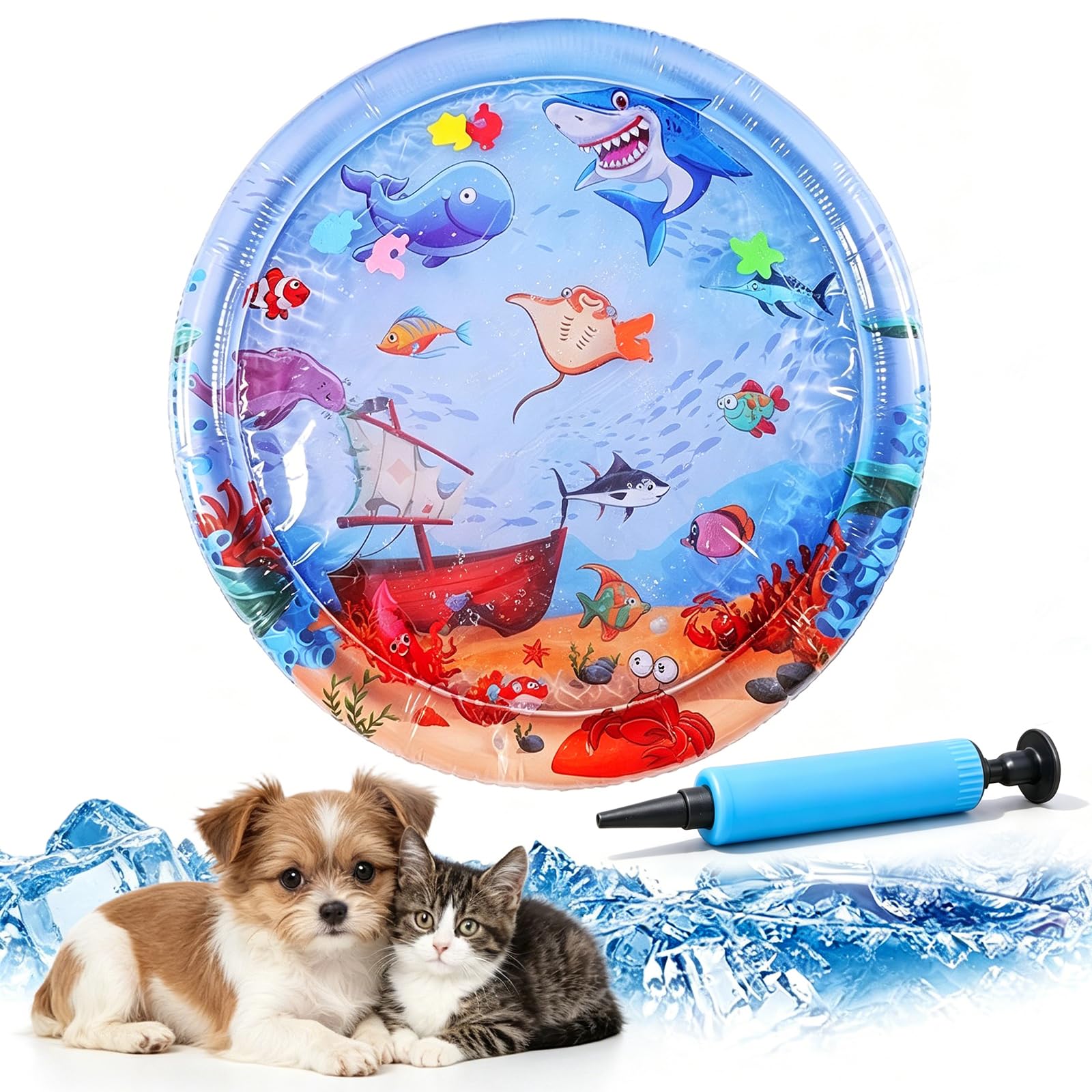 Pet Water Sensory Mat, 37.4" Large Cat Water Mat with Floating Fish, Interactive Cooling Mat for Cats & Dogs, Thickened Leak-Resistant Water Play Mat, Indoor Outdoor Pet Enrichment Toy (Round-1)