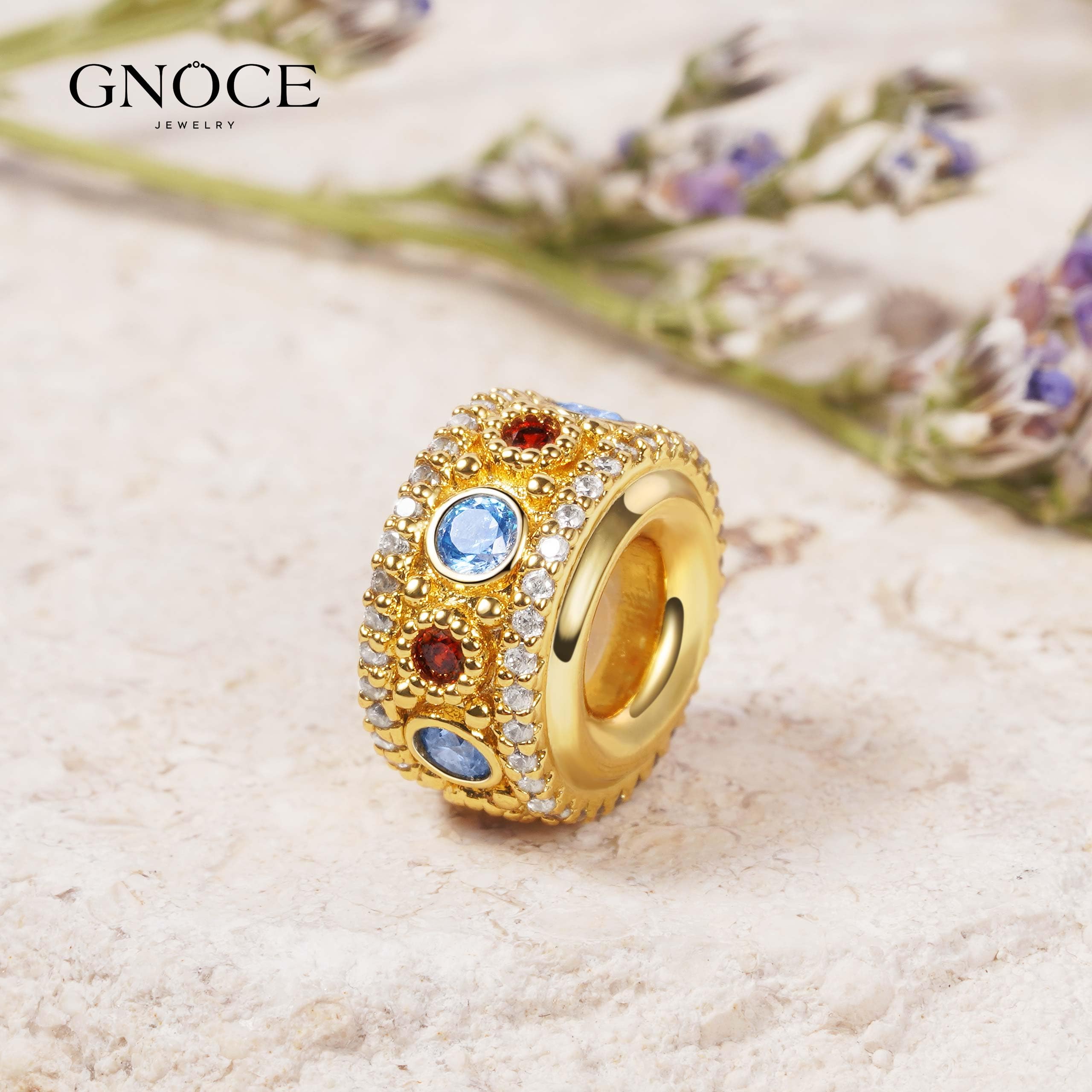 GNOCE Luxus Stil Sicherheitsstopper Charm Bead 925 Sterling Silber Intarsien mit Glänzenden CZ Steinen 18K Vergoldet Schmuck Geschenk Für Frauen Mädchen Tochter Fit Armband/Halskette