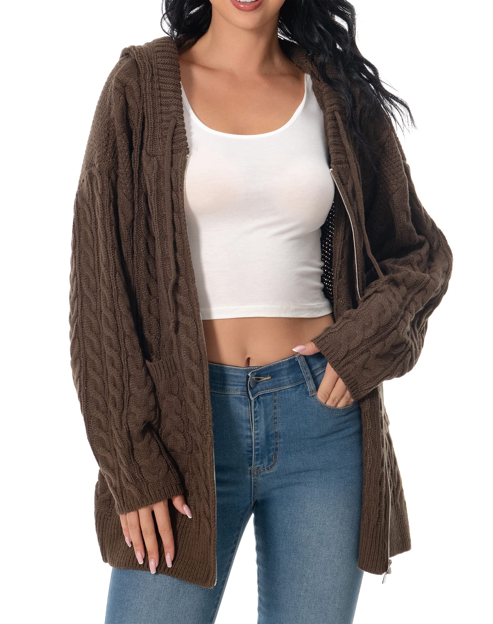 Shineflow Women Hooded Cardigan Oversized Slouchy Zipper Cable Knit Cardigan Coat Solid Color Sweater Casual Knit Knitwear