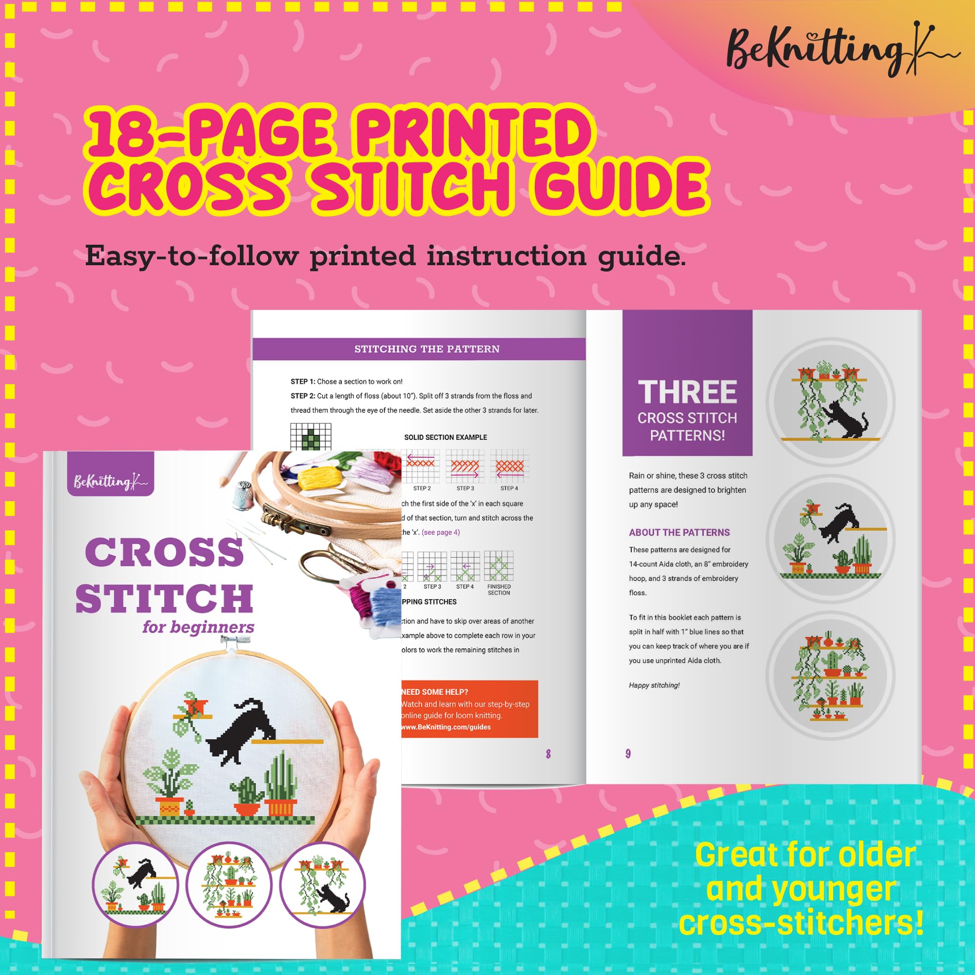 BeKnitting Kit de punto de cruz para principiantes, adultos y niños, patrones de punto de cruz, aro de bordado, hilo dental y agujas