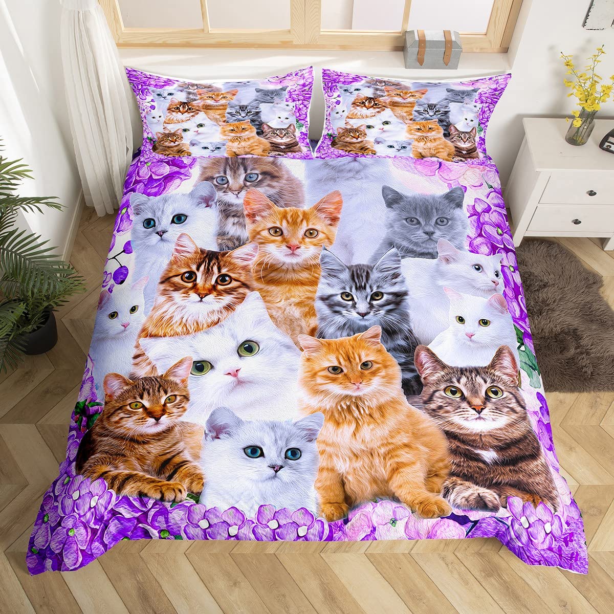 richhome Cute Cat Duvet Cover Pet Funny Cats Toddler Bedding Set For Kids Boys Girls Lovers Cat Floral Purple Comforter Cover Feline Animal Lovely Bedspread Cover 2Pcs Cot โ image 1