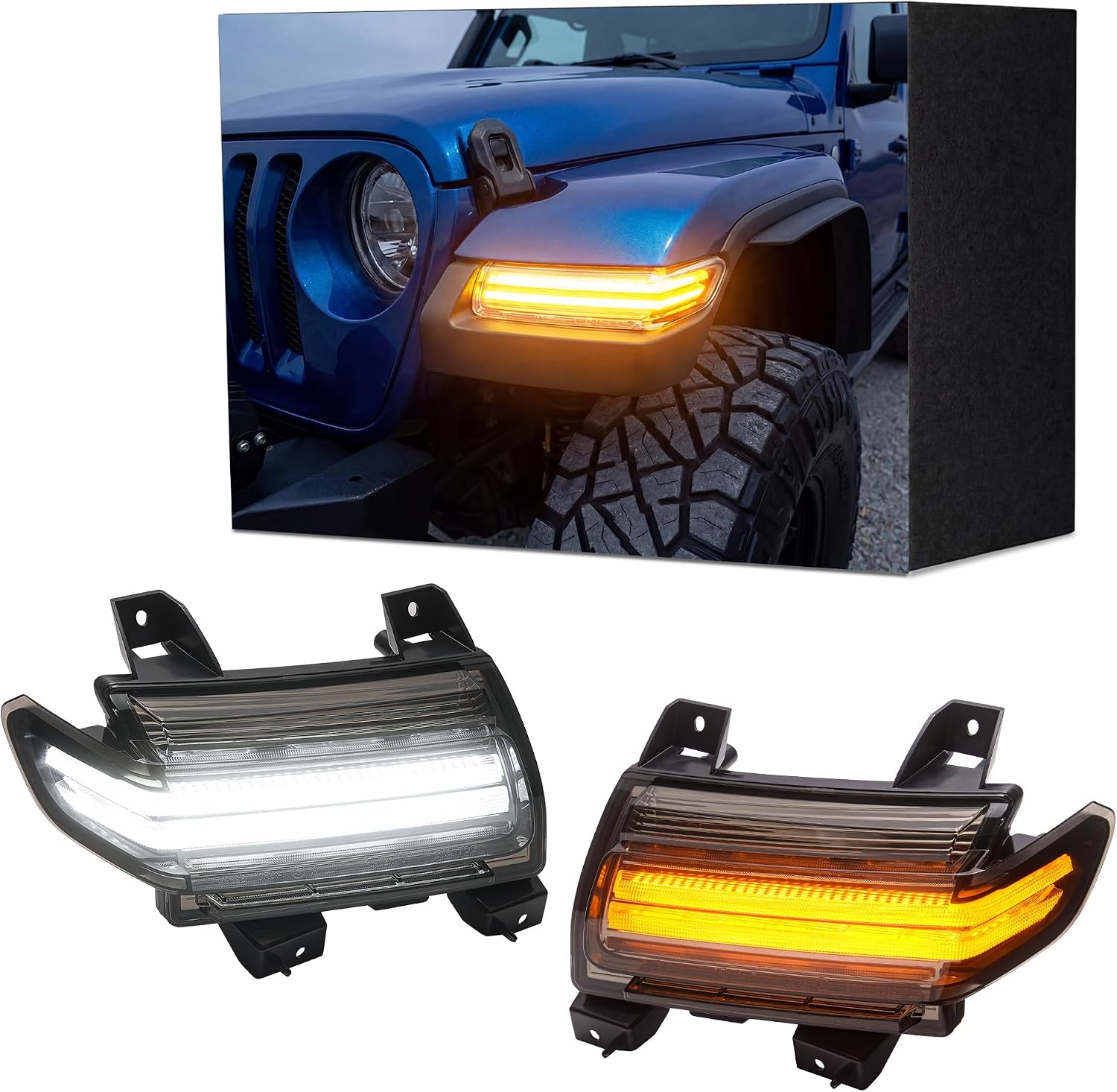 LED Turn Signal Light Compatible with 2018-2026 Wrangler JL & 2020-2026 Gladiator JT, Only Fits Factory Halogen Amber Turn Signal & White Side marker & Blue Parking Lights, Fender OE#68307245AA-AH