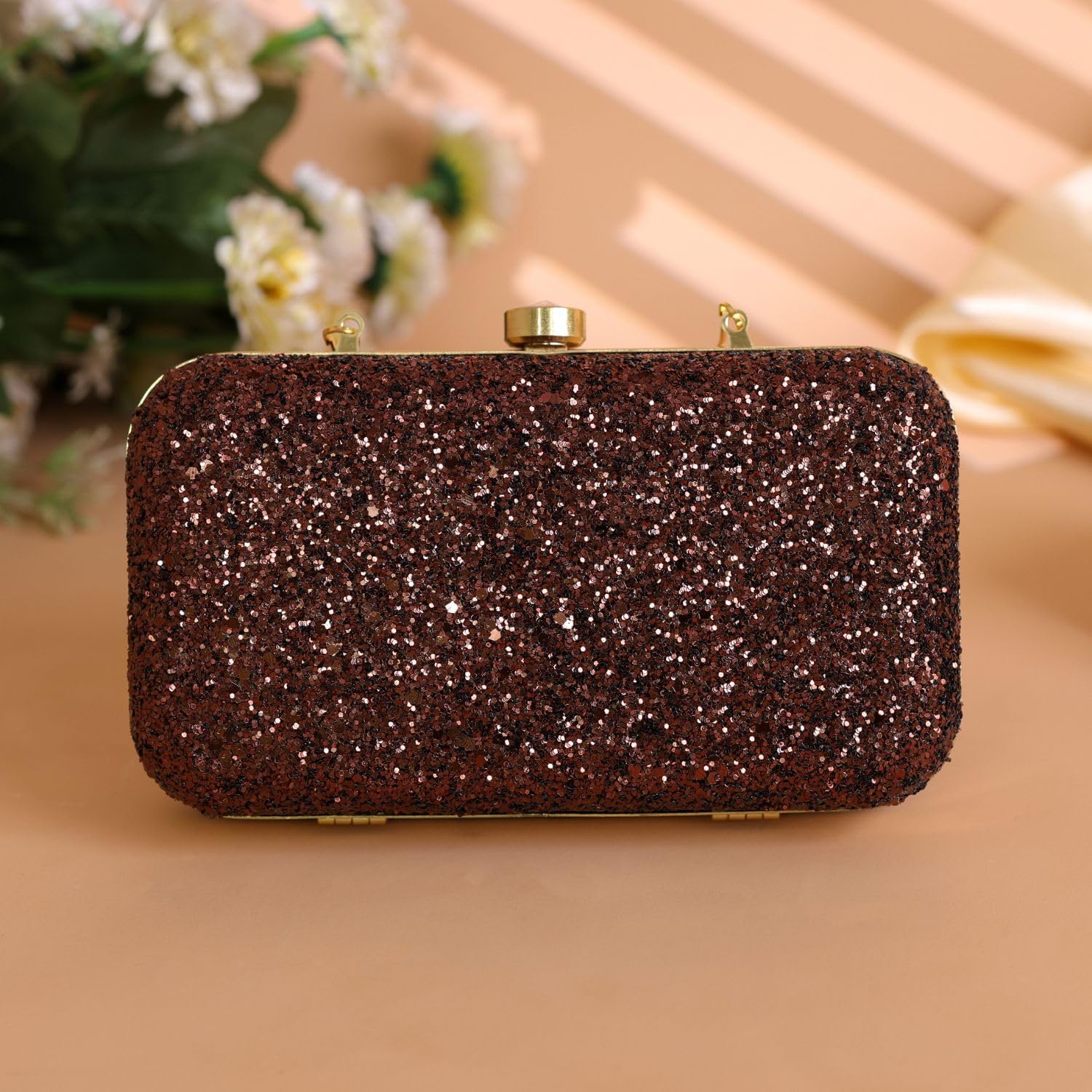Bronze Gold Glitter Evening Clutch Purse for Women – Sparkly Hard Case Party Handbag with Chain Strap, Prom Cocktail Clutch