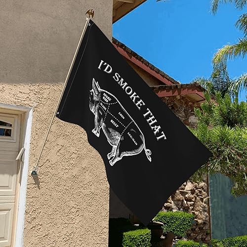 Miniatura 5 de Bandera de barbacoa divertida con texto en inglés "I'd Smoke That Pig" de 3 x 5 pies, colores vivos y resistentes a la decoloración UV, banderas