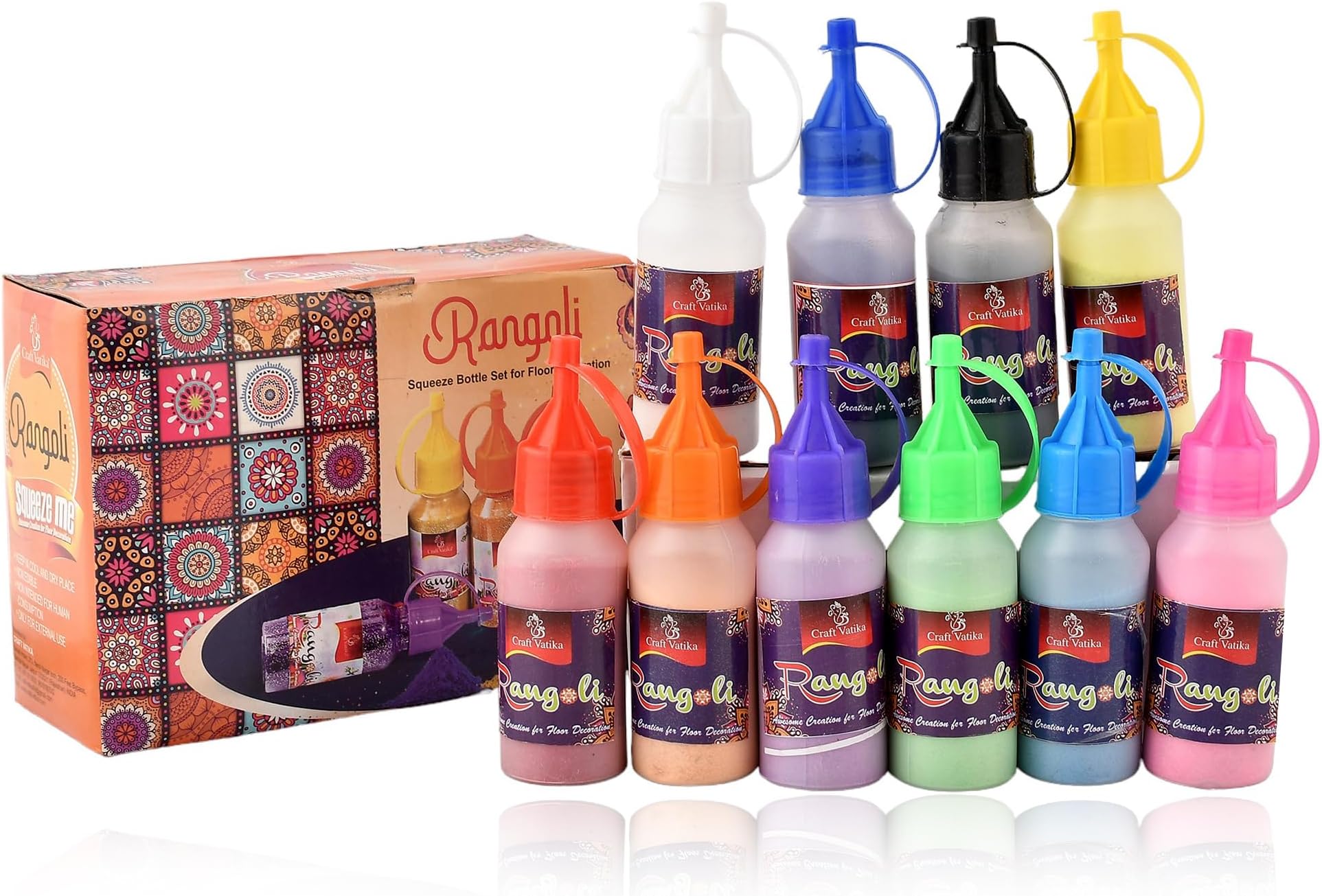 CraftVatika 10 Rangoli Colour Powder Bottles, Kolam Rangoli Powder for Pooja Mandir Floor,Rangoli Making Tools Kit - Diwali Decoration Items for Home