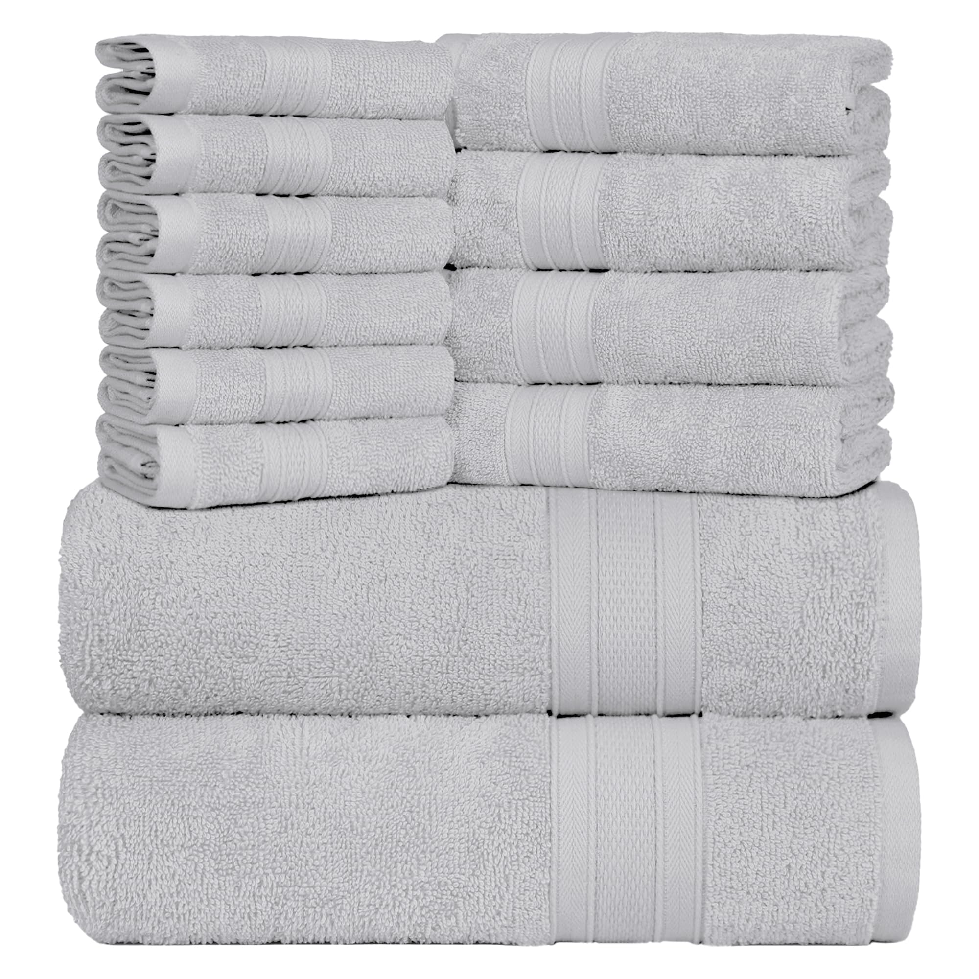 Trident Soft Comfort Air Rich Towels for Bath, 100% Cotton Towel, Super Soft, Highly Absorbent, 12 Pieces Towel Set, 500 GSM - Silver