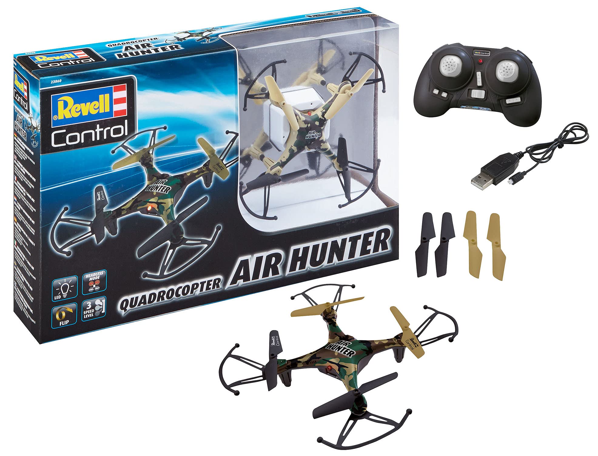 Revell Control 23860 Remote Control Quadcopter Air Hunter With Precise 2.4GHz Control, 3 Speeds, Flip Mode, Headless Mode, LED lights, Easy To Fly, 16cm in length