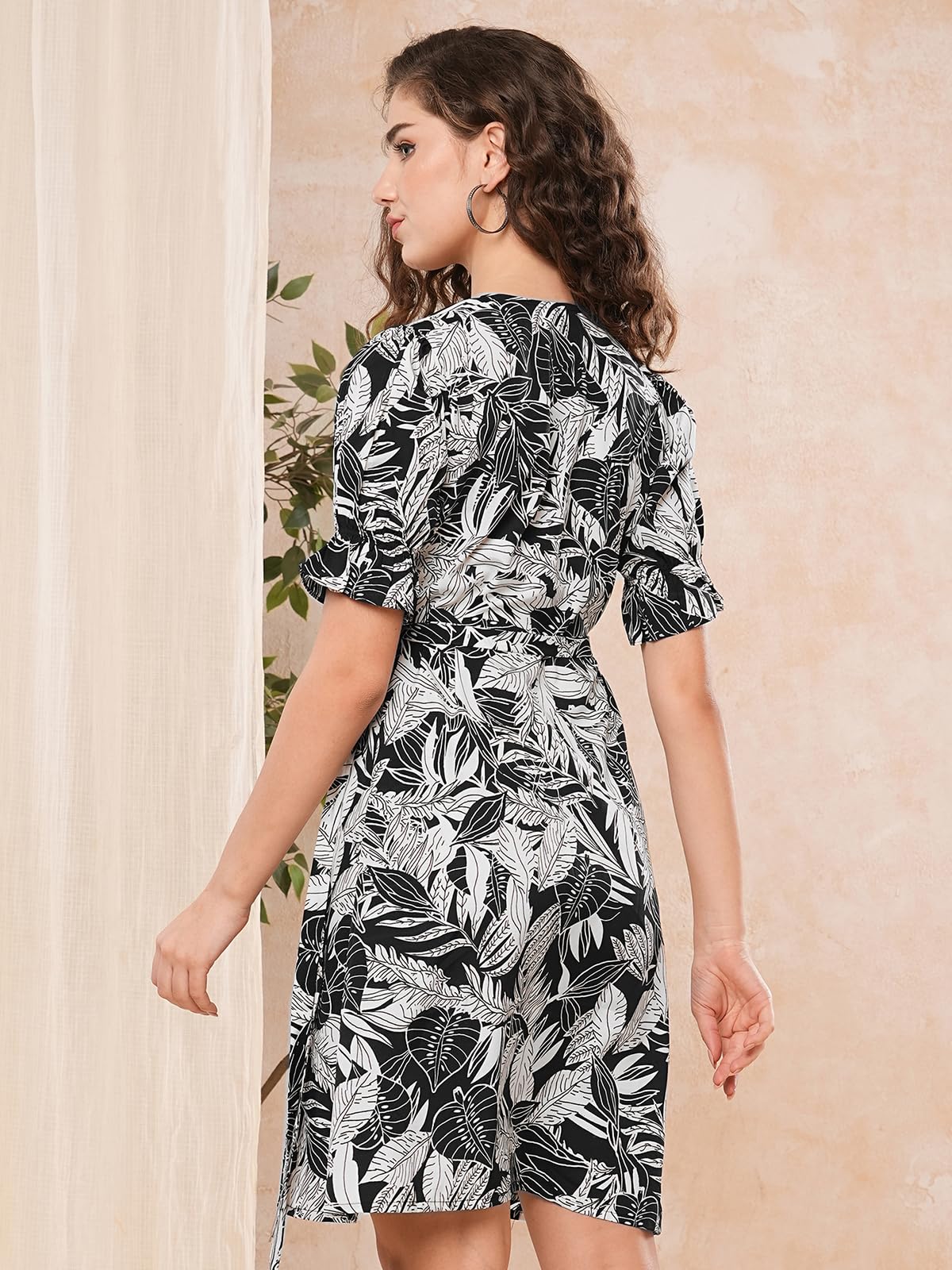 Selvia Women's Western Dress | Printed Half Sleeve Crepe Western Dress For Women | V-Neck A-Line Dress For Women | One Piece Dress For Women (665Dtk683N-L_Off White & Black)