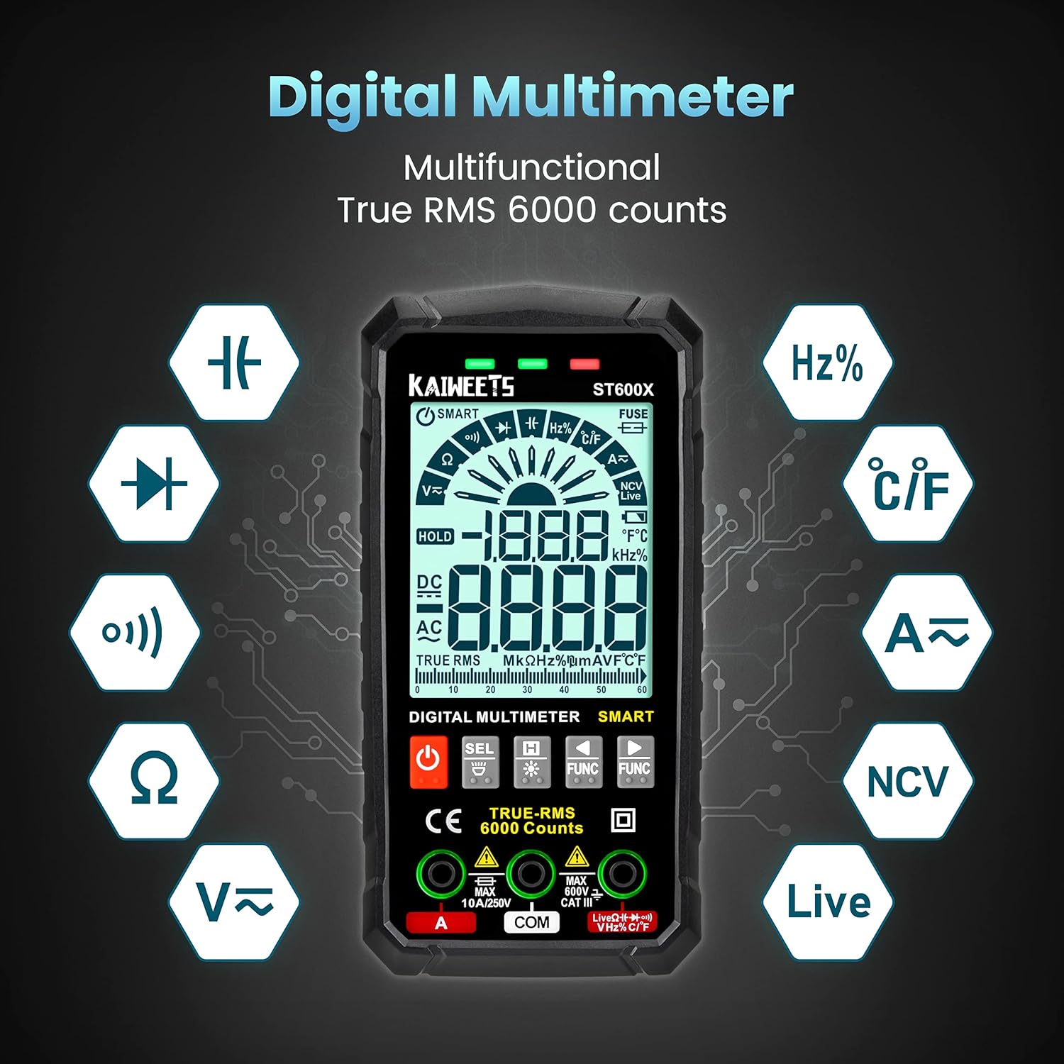 KAIWEETS ST600X Digital Multimeter with icons for various functions