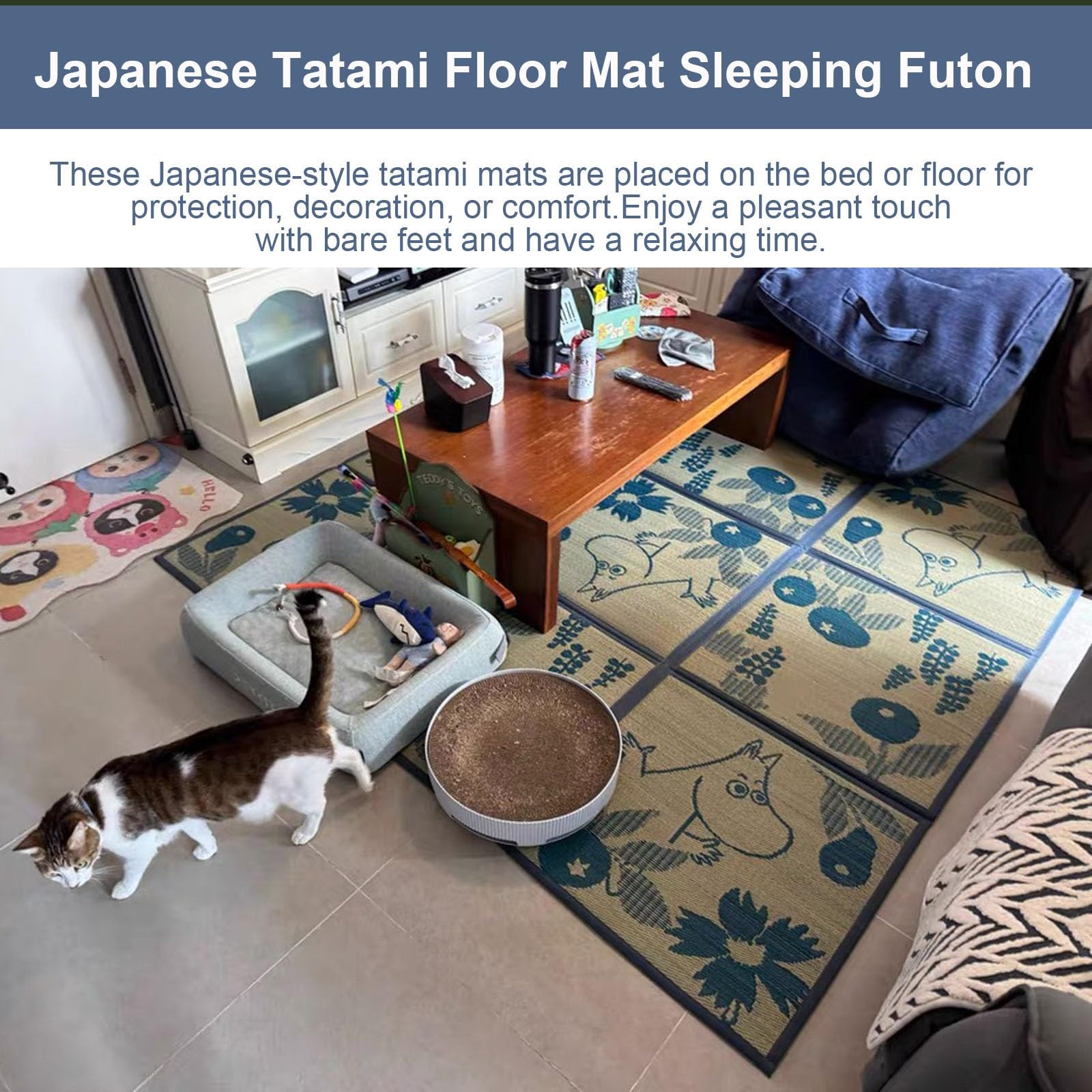 Tatami Japonés Igusa Colchón Salón Suelo Alfombra Gateo Tapete de Juegos(Blue,195x195cm)