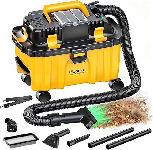 Ecarke Aspiradora inalámbrica en seco y húmedo de 2.5 galones compatible con batería DeWalt de 20 V, aspiradora 3 en 1 con motor HEPA lavable y sin
