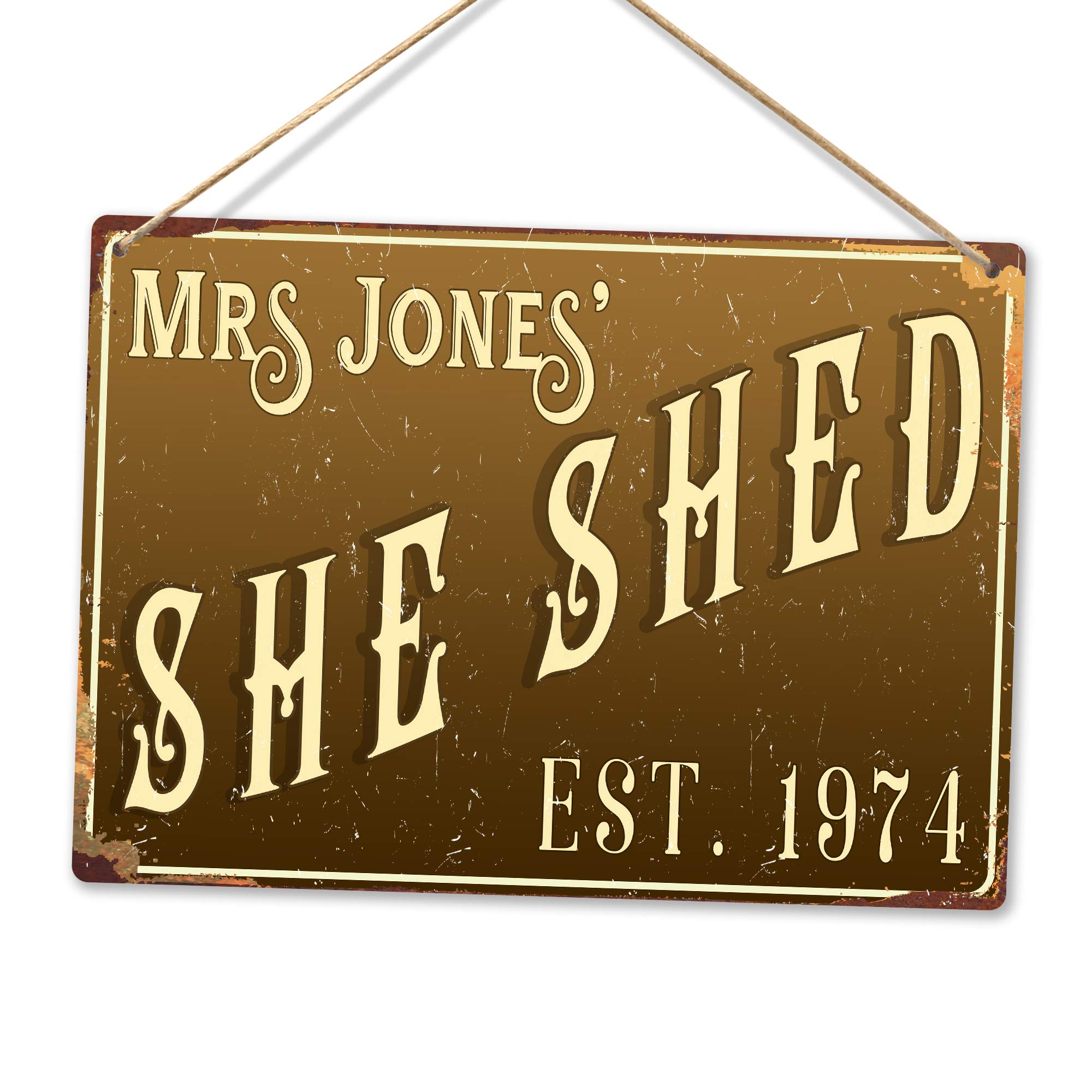 Personalised SHE SHED - Custom Name - Brown – Medium Twine | Printed Metal Wall Sign Plaque