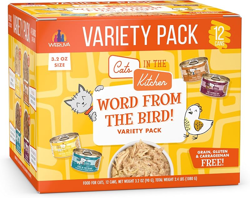 Ração úmida para gatos Weruva Cats in The Kitchen Word from The Bird! Variety Pack com receitas de frango, 12 latas de 91 g