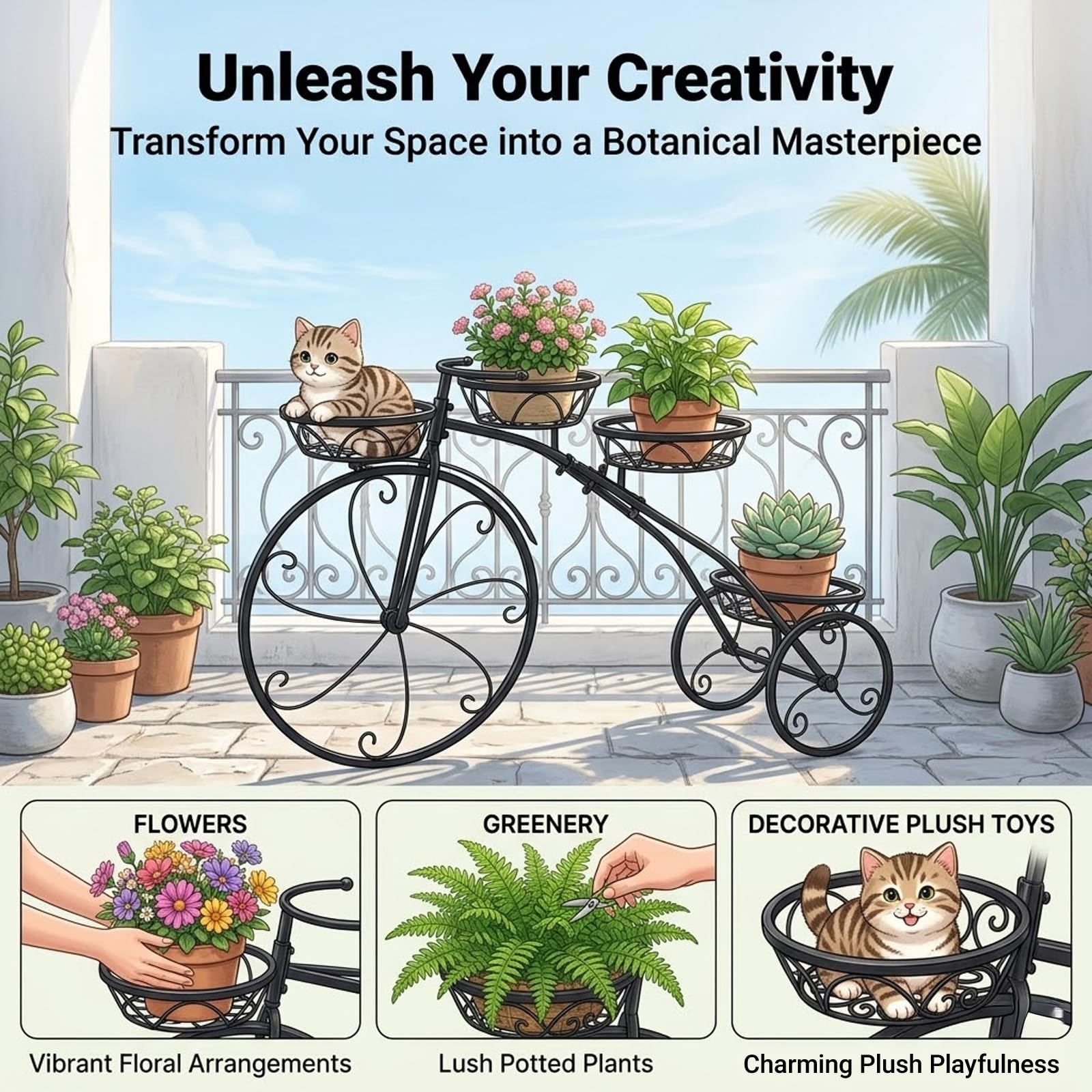 Support Plantes Vélo Métal Vintage,Porte-Pot Fleurs Tricycle avec 3 Paniers