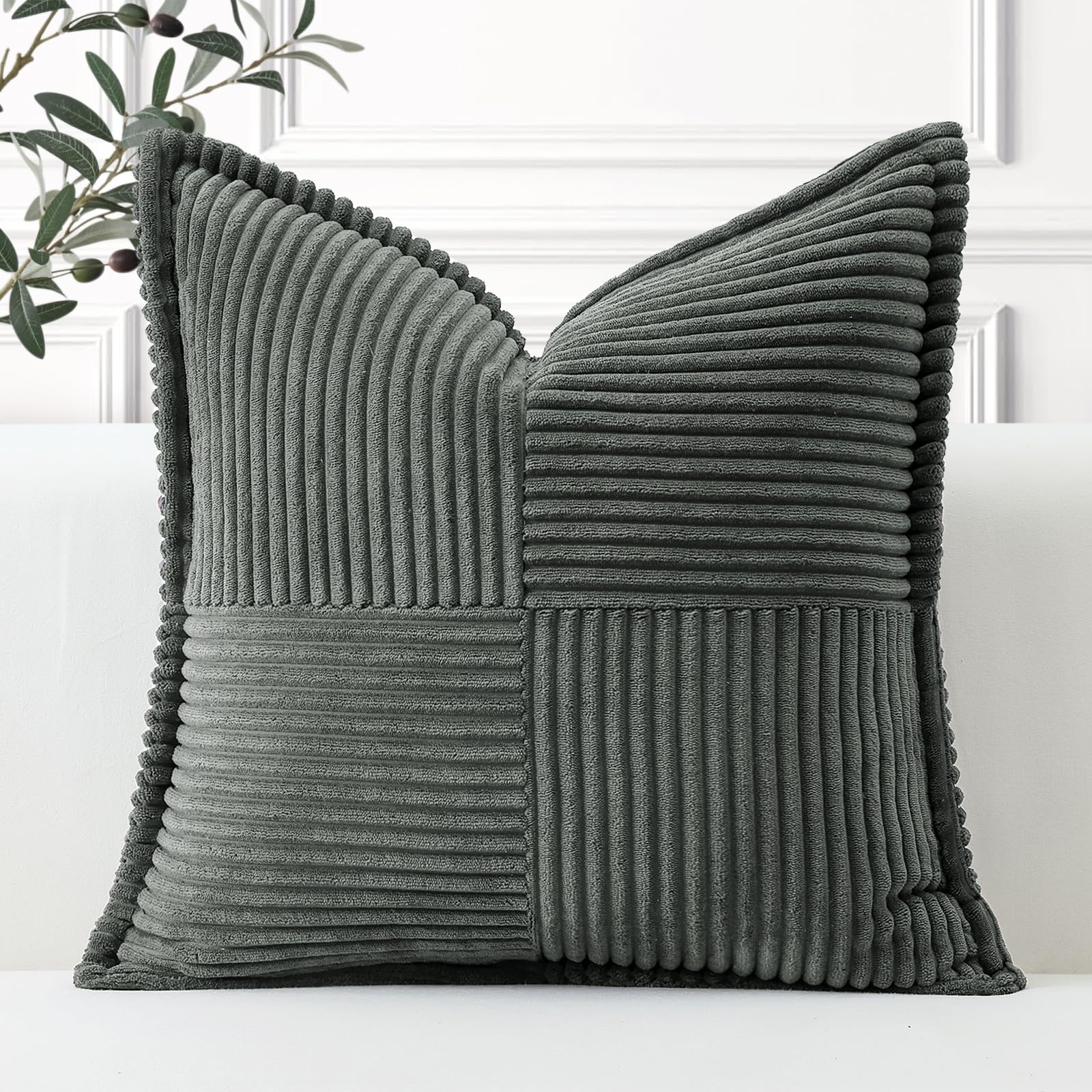 Artscope Striped Corduroy Cushion Covers with Splicing Super Soft Boho Pillow Covers Broadside Decorative Textured Throw Pillows for Couch Sofa Bed Living Room 50x50cm, Dark Gray