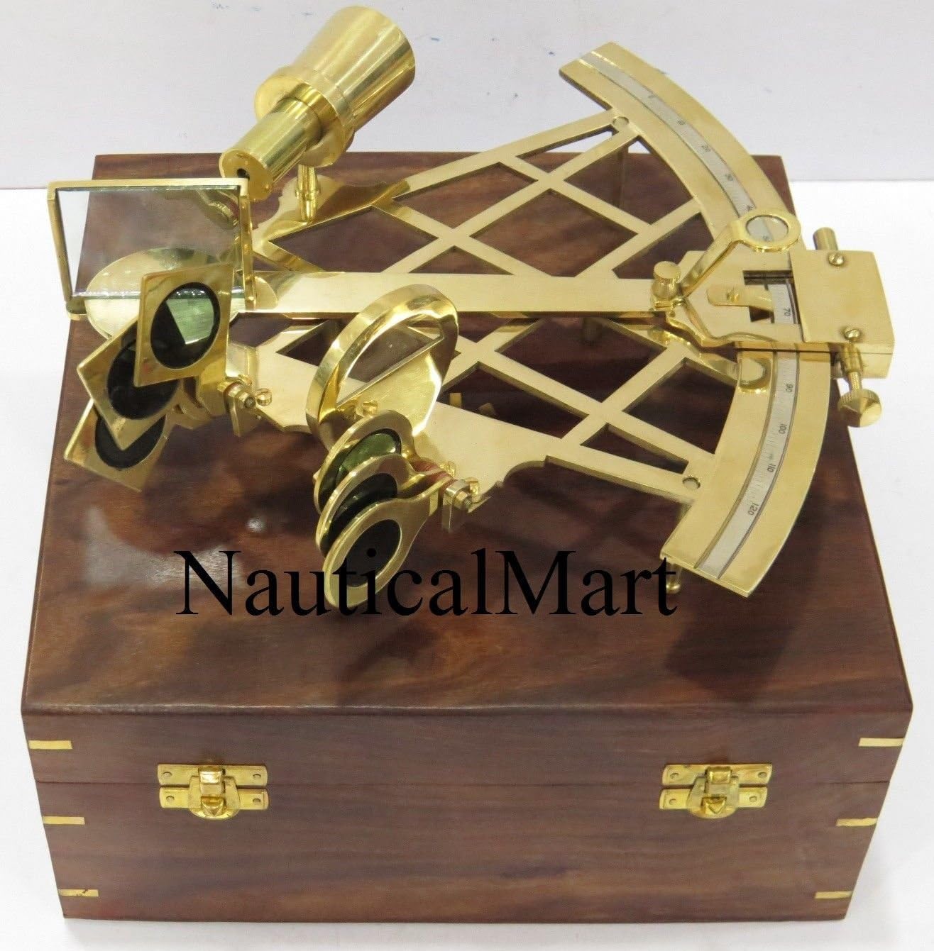 Nautical 10'' Brass Sextant with Maritime Wooden Box