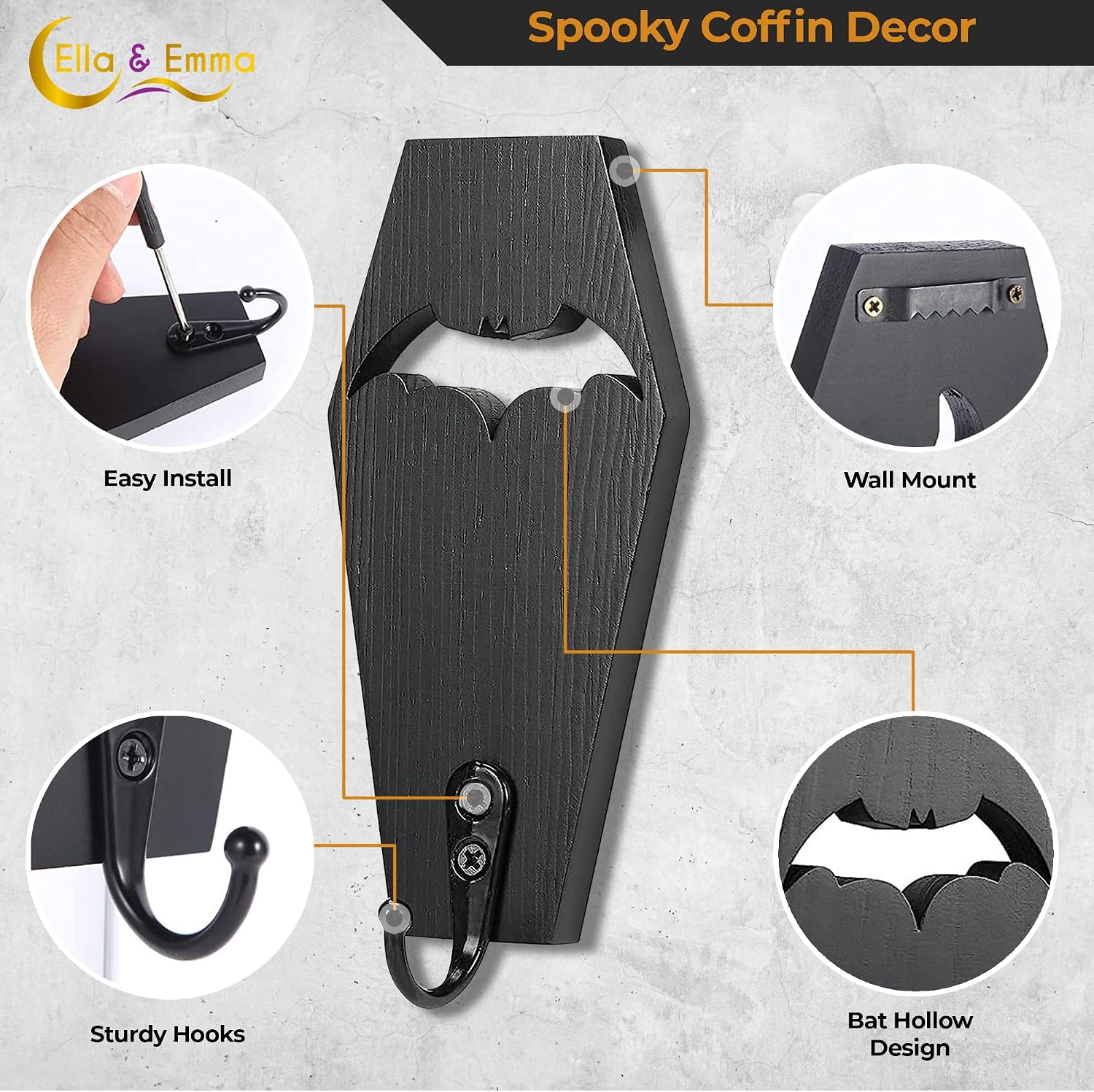 Ella & Emma Wall Mounted Mini Coffin Bat Decor Key Holder, Gothic House Decor, Can Be Used as a Towel, Mug Holder, Gothic Room Decor, Wood Key Hook, Key Hanger, Hanging Wooden Hooks (Pack of 2)
