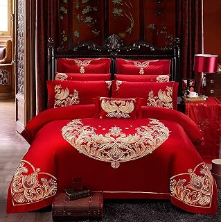 FXJ 4-piece Bed Sheet Set Duvet Cover Set Long-staple Cotton Satin Embroidered 4-piece Satin Quilt Cover Pure Cotton Bed Linen Pillowcase Wedding Set Luxury Set (L Full)
