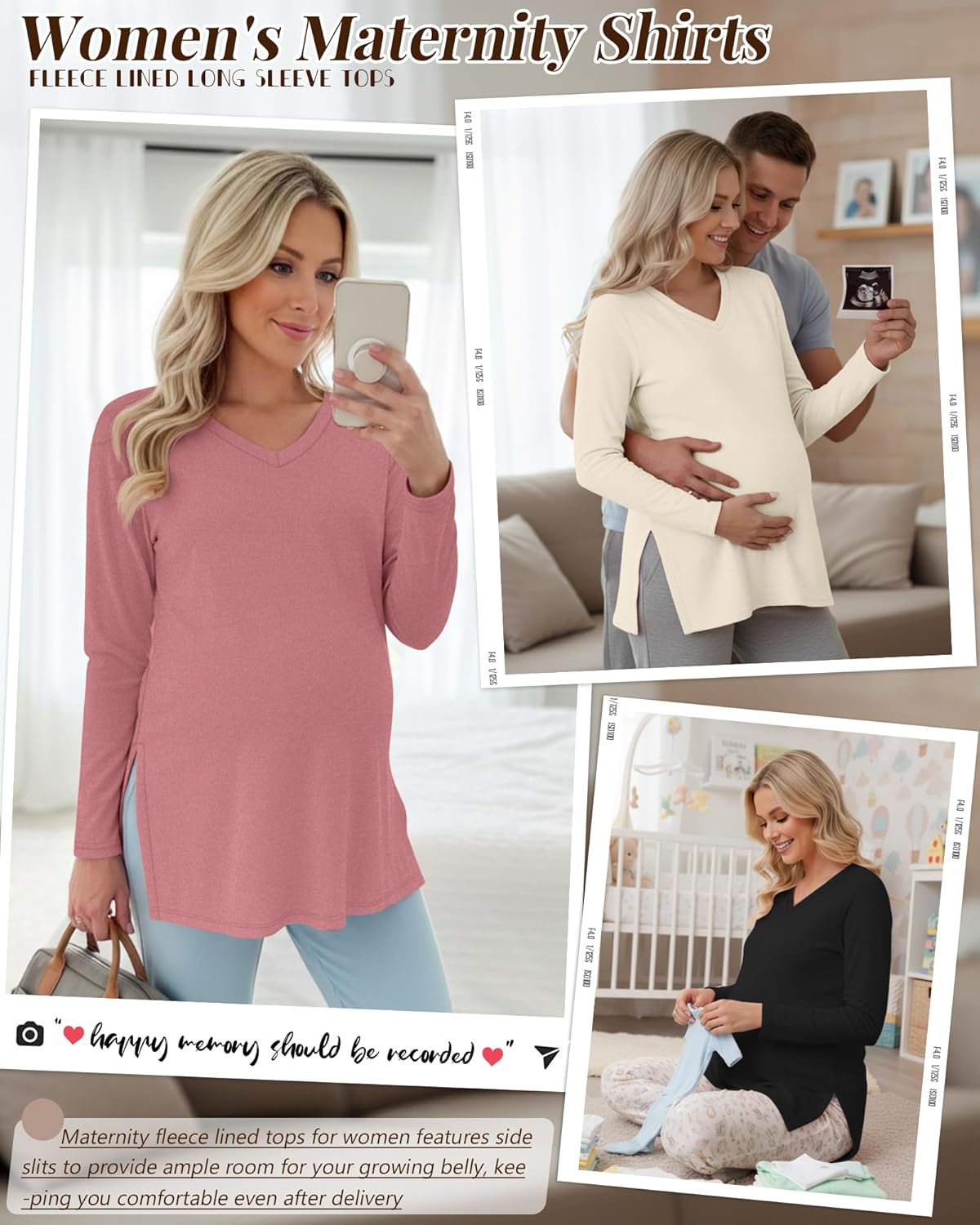 3 Pack Women's Thermal Maternity Shirts Fleece Lined Long Sleeve Tops Split Side V Neck Pregnancy Clothes - Image 4