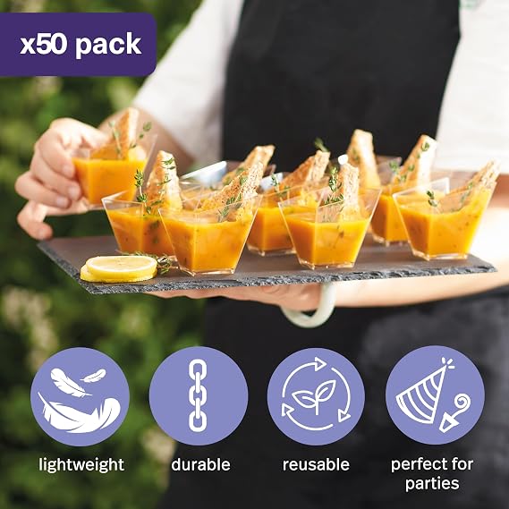 MATANA 50 Mini Square Hard Plastic Dessert Cups for Parties (Trapezoid 70ml) - Reusable Individual Dessert Pots for Cheesecake, Jelly, Puddings, Mousse, Tiramisu, Trifles