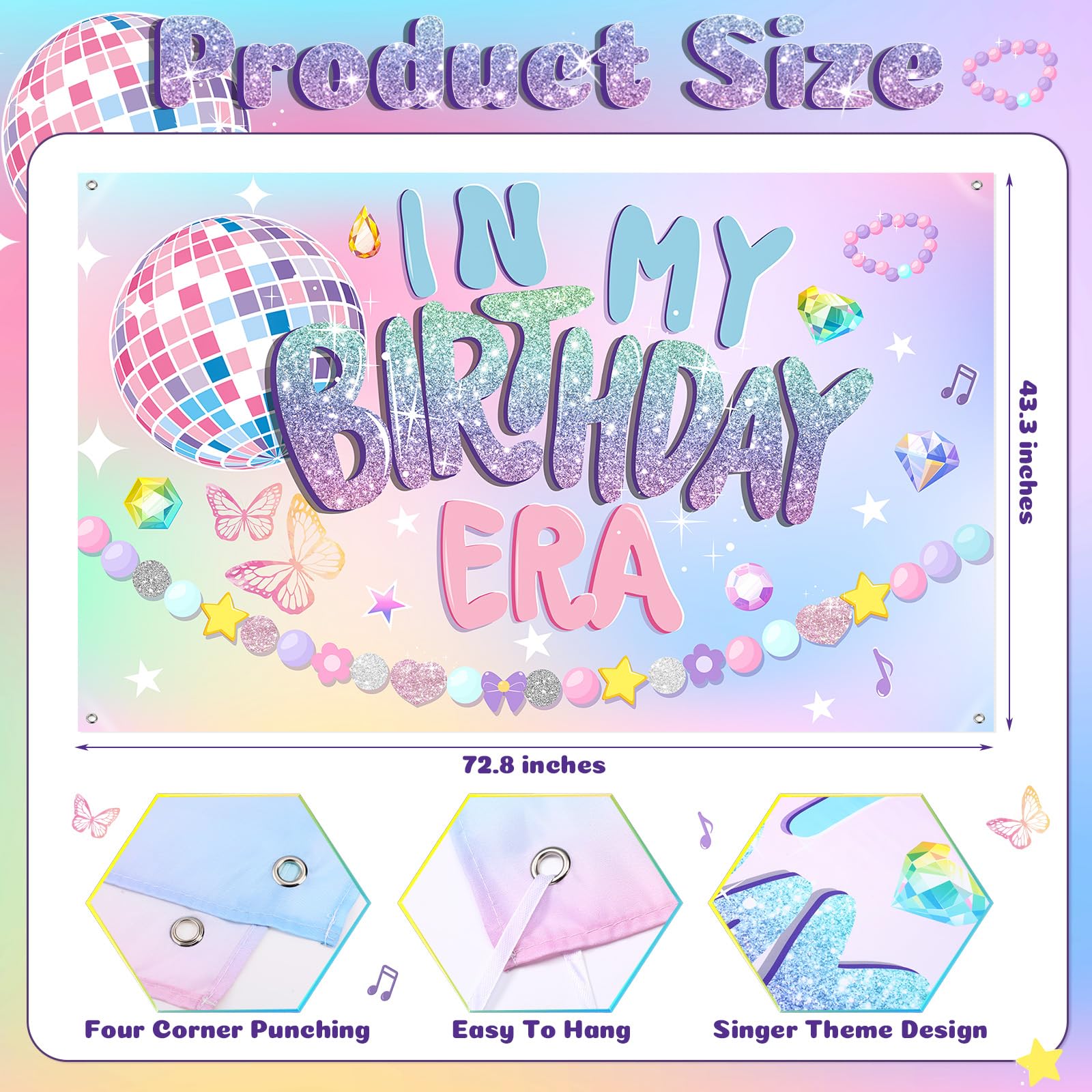 Tiamon Banner 'In My Birthday Era' 185x110 Cm - Musik-Thema Mit Glitzer, Für Geburtstagspartys & Fotohintergrund