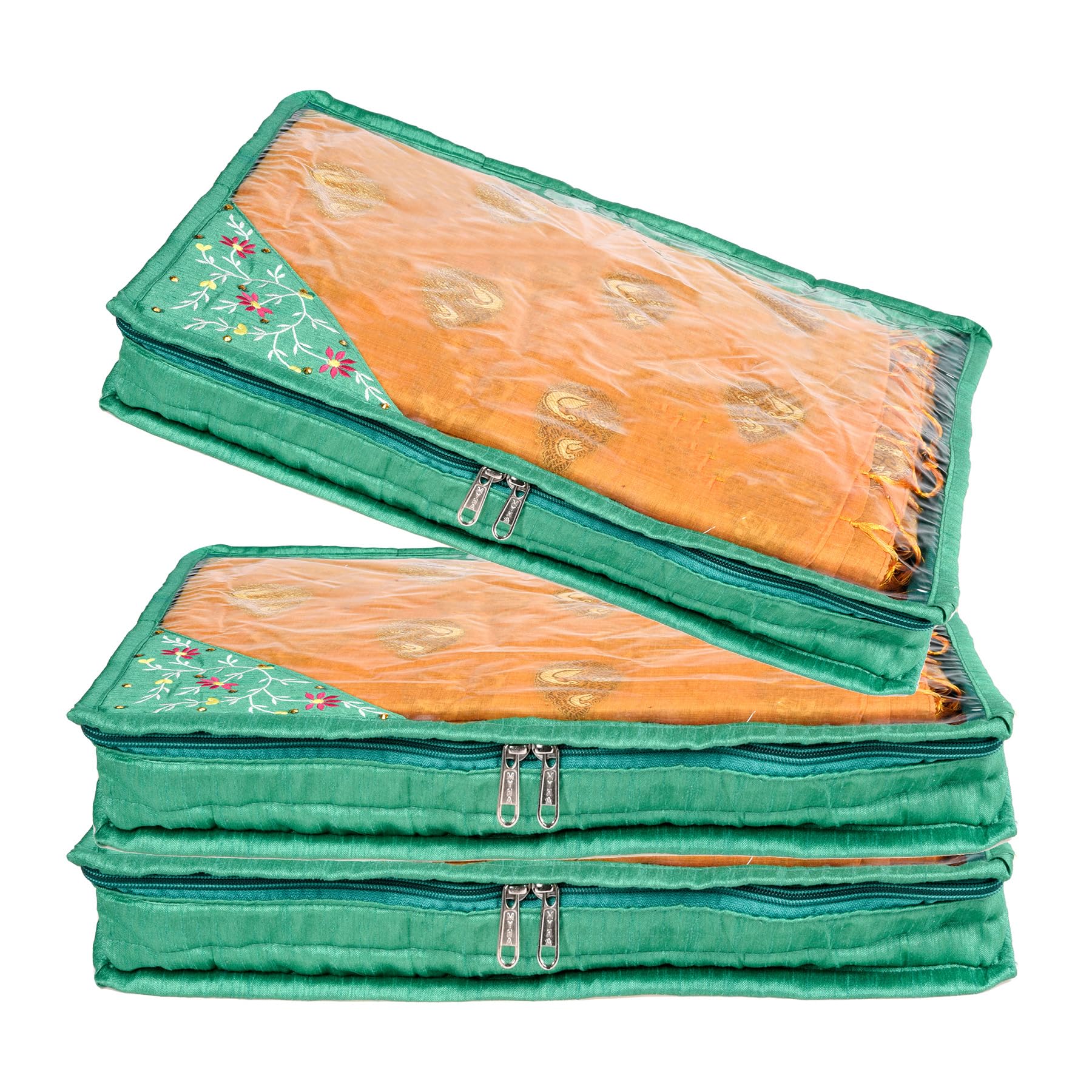 Kuber Industries Saree Cover | Side Embroidery-Design Clothes Storage Bag | Suit Packing Cover | Wardrobe Cloth Storage Organiser with Zip | 3 Inch | Pack of 3 | Green