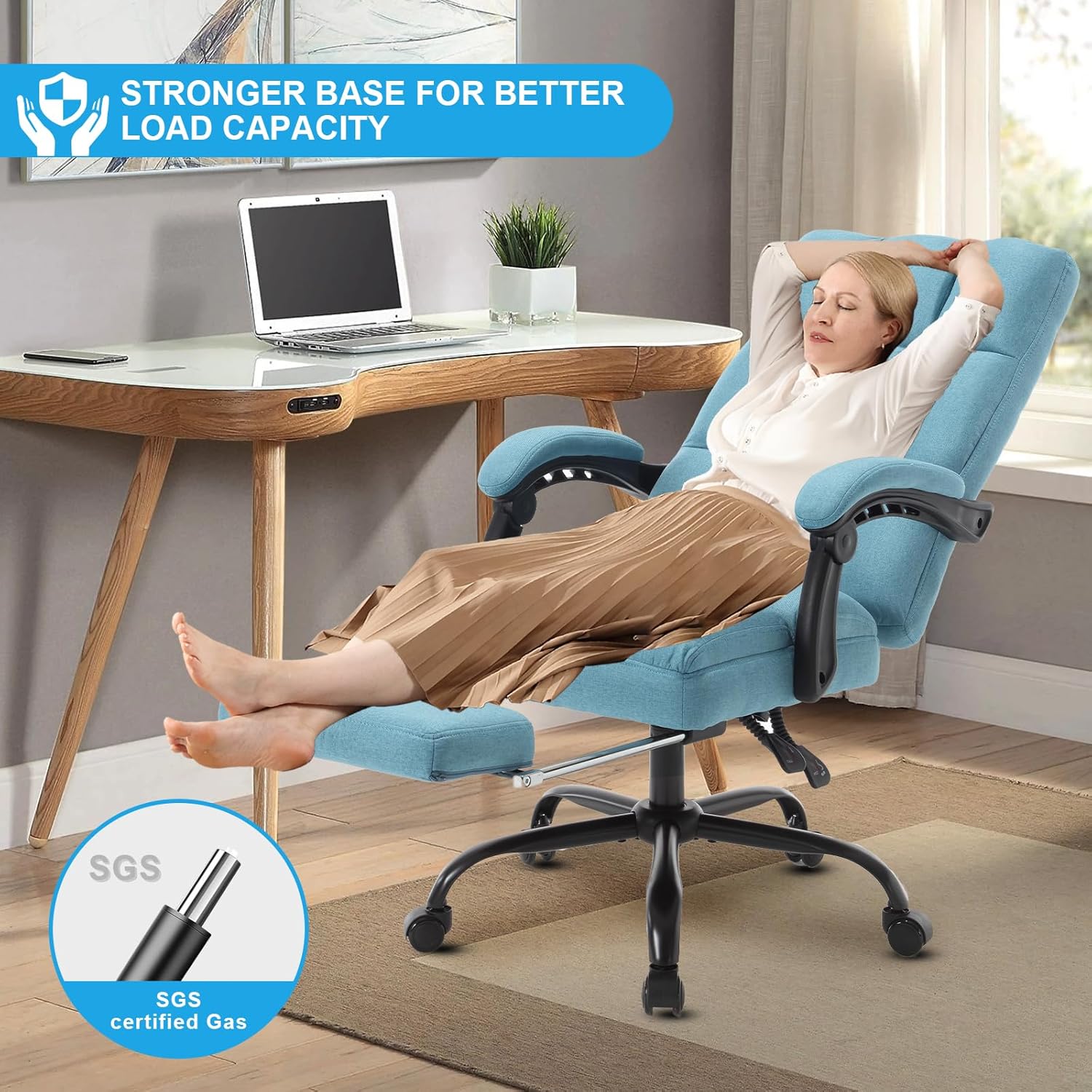 KCREAM Erogonomic Reclining Office Chair with Footrest, High Back Fabric Cute Comfortable Recliner Office Desk Chair with Leg Foot Rest for Women,Blue