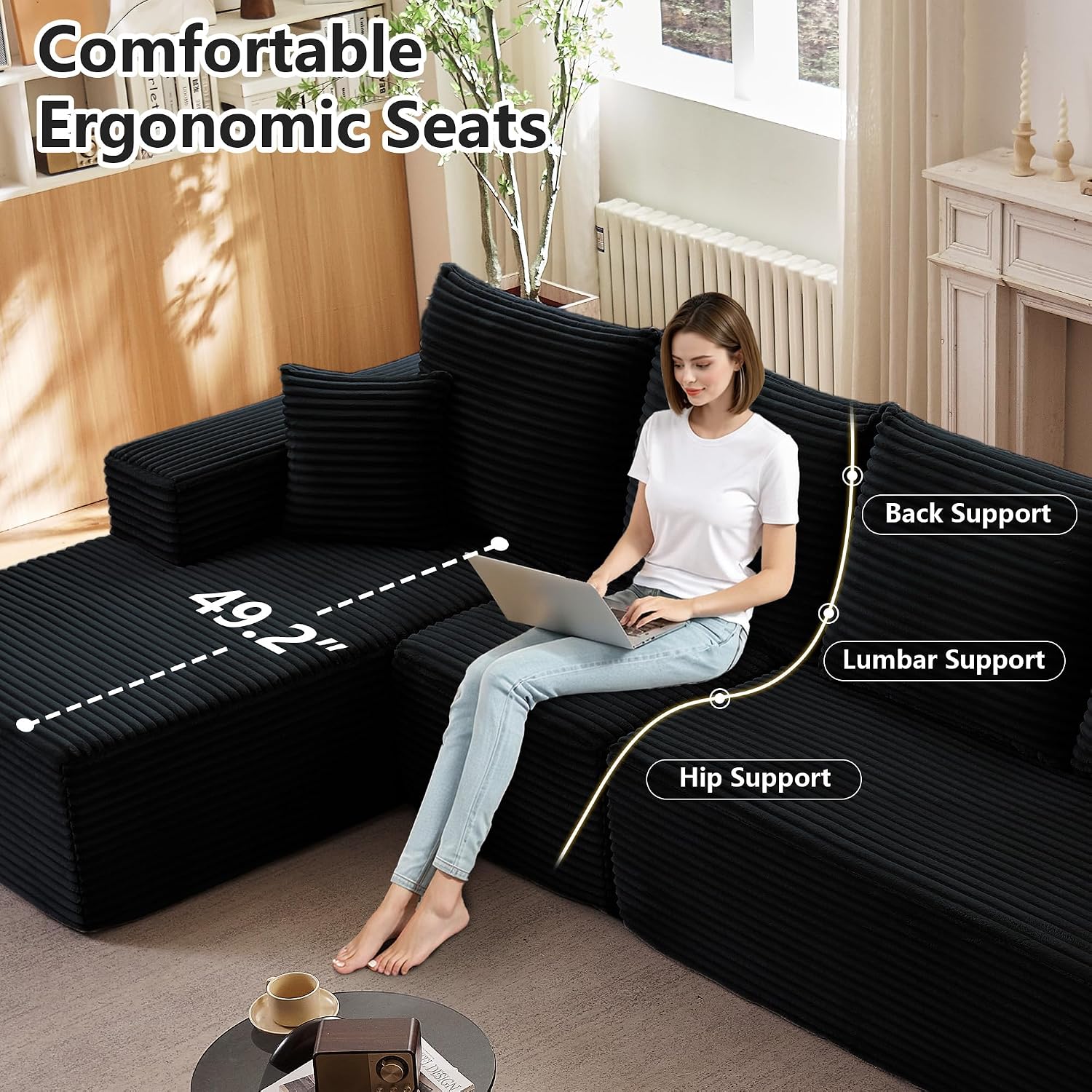 135” Cloud Sectional Couch, Boneless Sofa for Living Room, Modular Sectional Sofa with Deep Seat, Fluffy Couch with L-Shaped Chaise, No Assembly Required Black