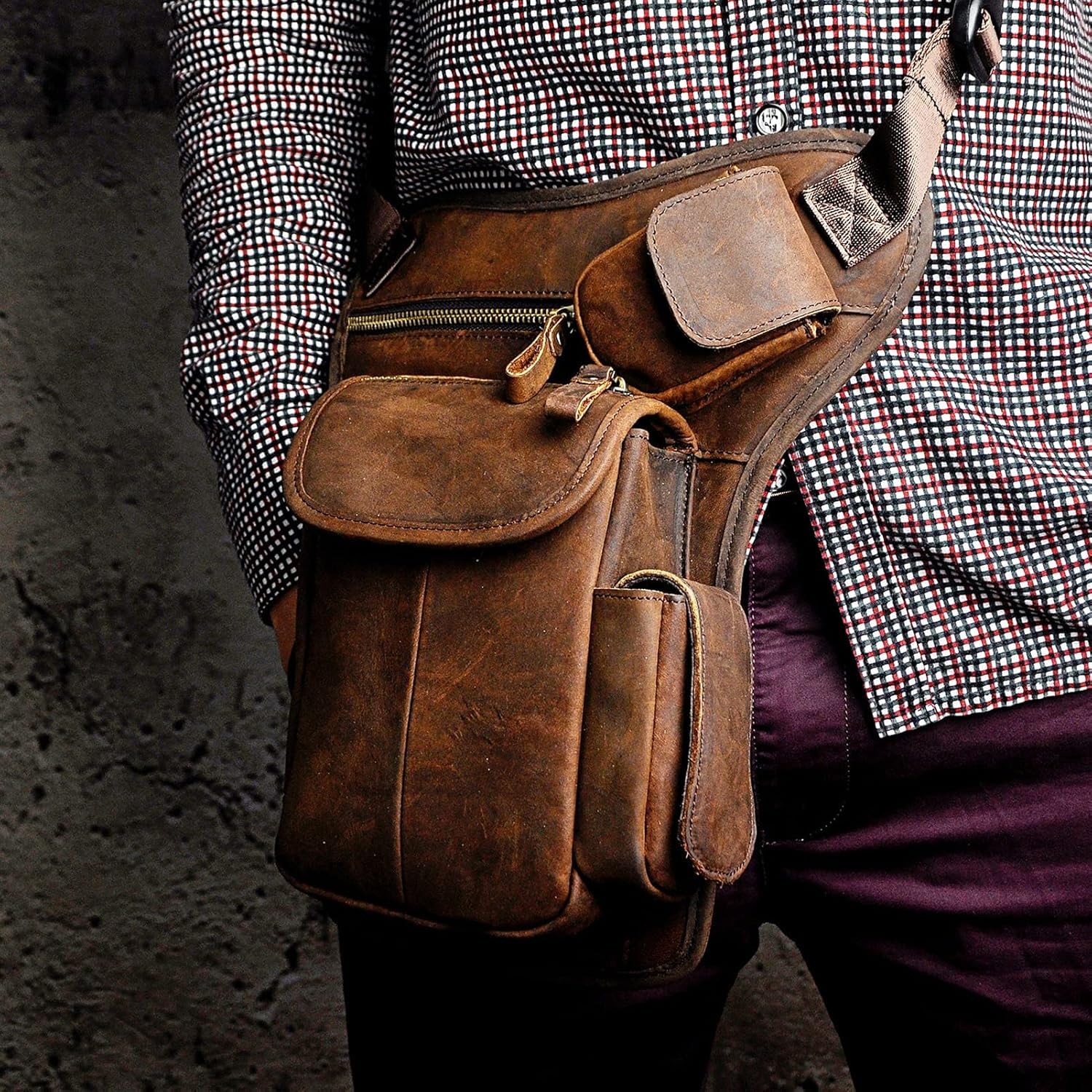 Marsupio Gamba Moto Borsa Da Gamba, Coscia In Pelle Moda Uomo Casual Messenger A Tracolla Design Viaggio(Dark Coffee)