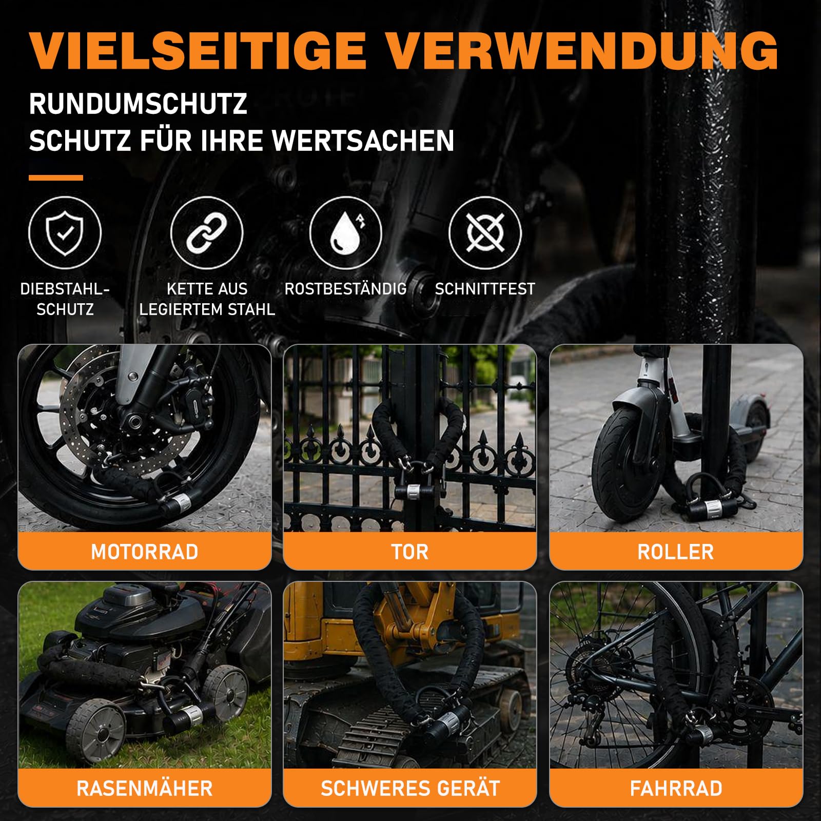 Motorrad Kettenschloss 12 mm, Gehärtete Sicherheitskette mit Bügelschloss und 4 Schlüsseln, Diebstahlschutz für Motorrad, E-Bike, Roller und Fahrrad, 150 cm – Silber