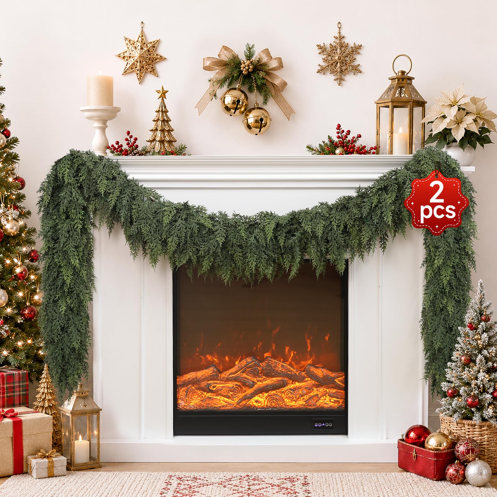 2x 9FT Artificial Cedar Garland, Soft Real Touch PE Green Christmas Garland — image 1