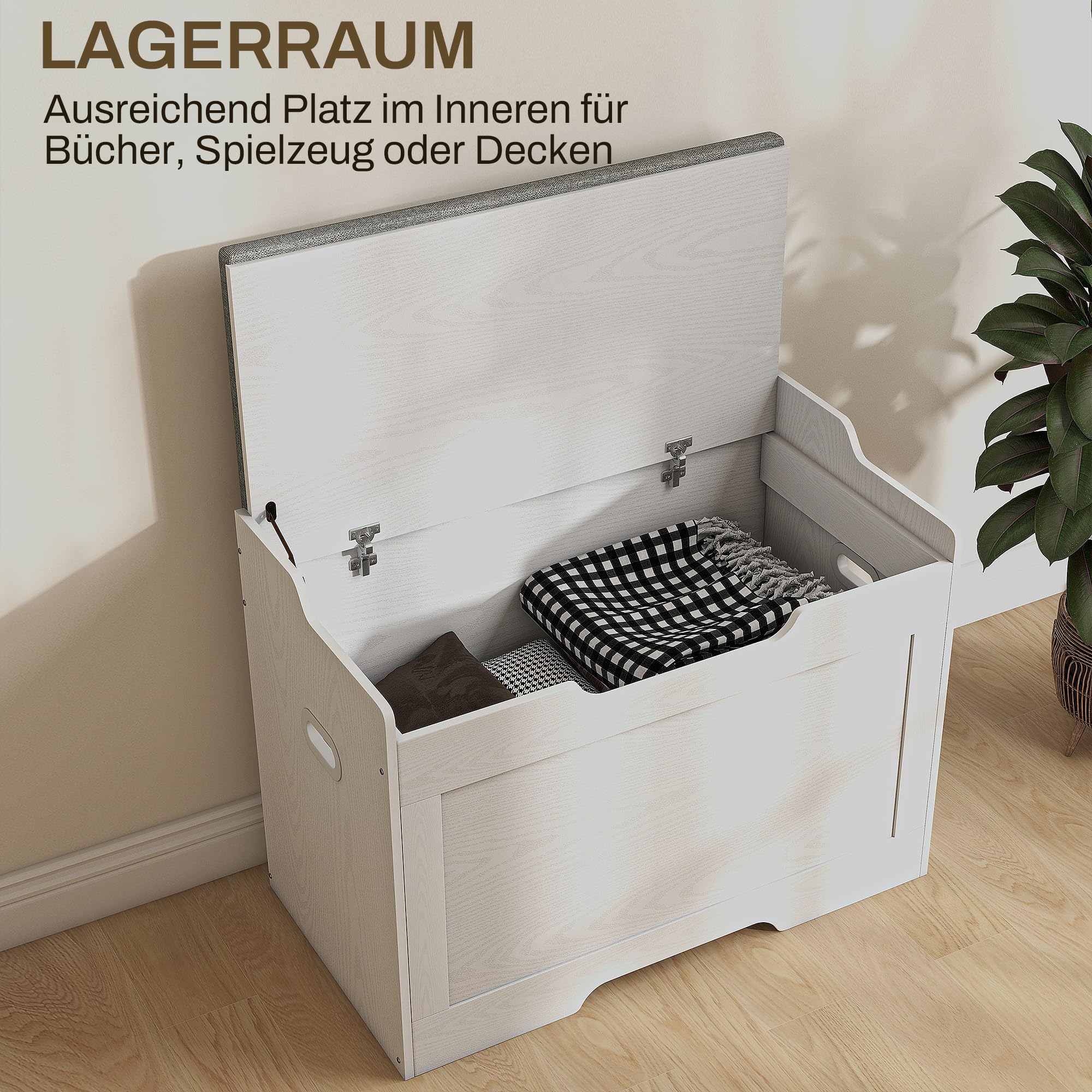 HOMCOM Baúl de 103 litros con tapa, asiento, baúl con espacio de almacenamiento, cojín de asiento extraíble, para salón, dormitorio, blanco