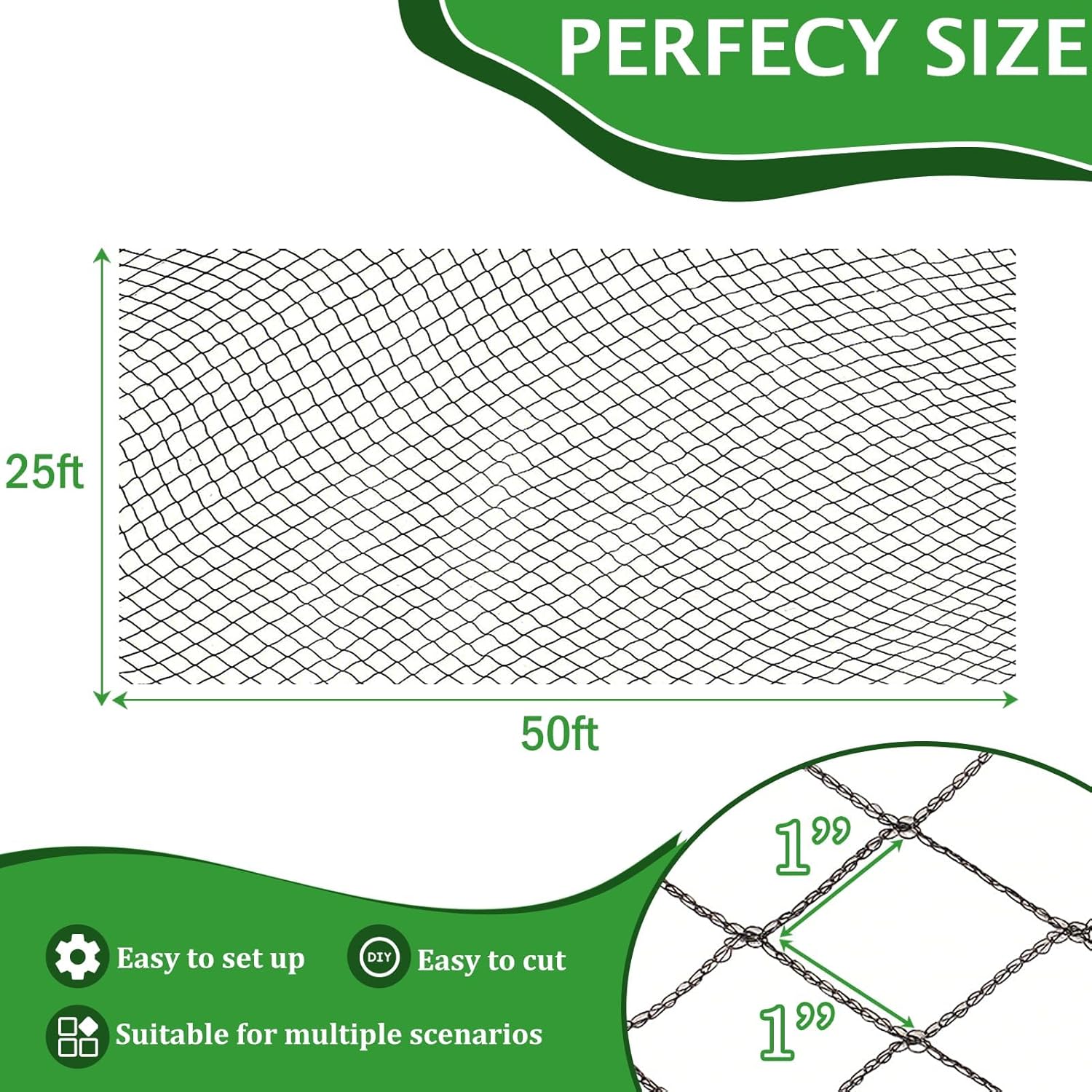 SPECILITE Heavy Duty Bird Netting for Chicken Coop 25x50FT, 1'' Anti-UV Reinforced HDPE Poultry Netting Over Chicken Run, Durable Garden Mesh net for Hawks, Predator Proof for Farm, Plants, Ponds