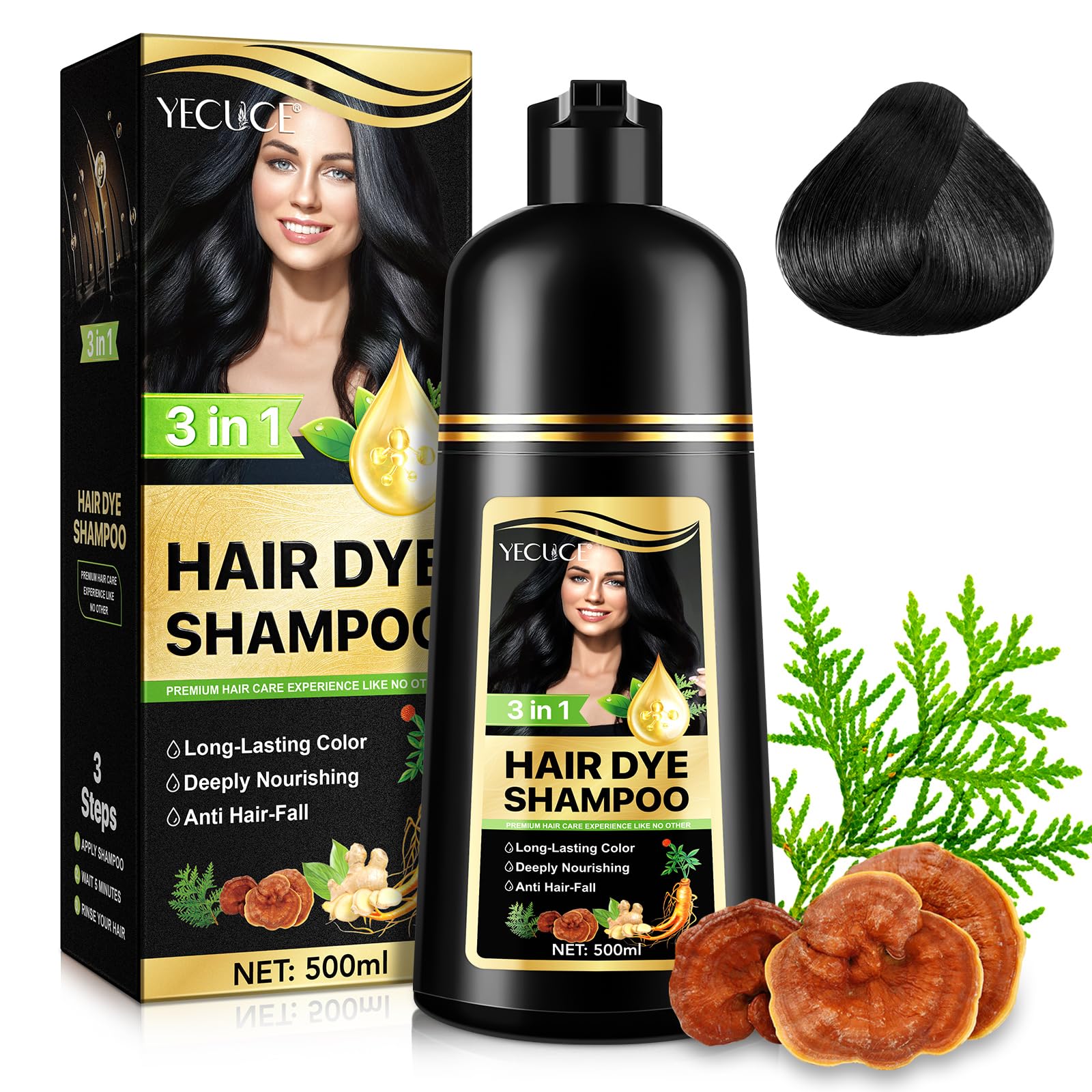 Hair Dye Shampoo Per Capelli Grigi, Instant Hair Colour Sham-poo Per Uomini E Donne - Sham poo Naturale E Duraturo Per La Cura Dei Cap-elli 3 In 1 Per Cap-elli Vegetali - 500 Ml (Nero)
