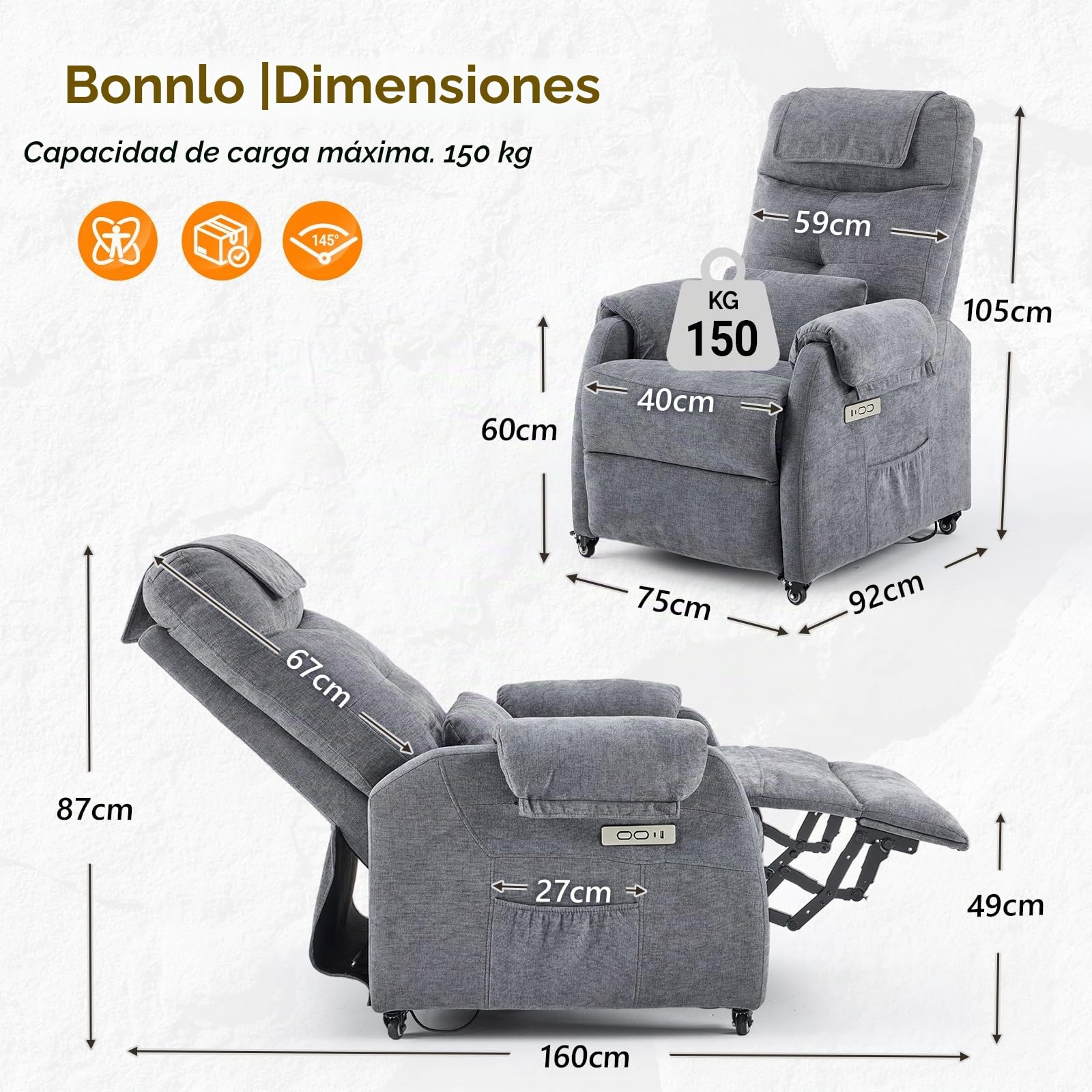 Bonnlo Sillón de relax, sillón de televisión, sillón de masaje eléctrico con función reclinable, sillón de TV, masaje de 6 puntos y función de calor, puertos USB-C y USB-A, 1 bolsillo lateral, tela de