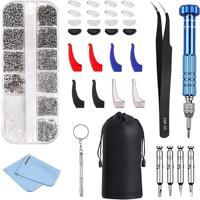 Vastar Glasses Repair Kit, with 1100 Pieces Glasses Screws, 9 in 1 Magnetic Eyeglass Glasses Screwdriver Set, Nose Pads, Tweezers, Glasses Cloth and Bag, for Glasses, Sunglasses and Watches Repair