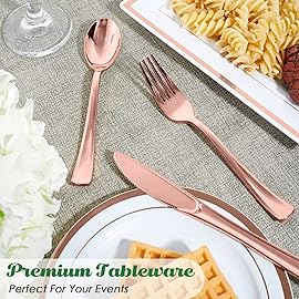 FOCUSLINE 75 Pack Rose Gold Plastic Silverware Disposable Cutlery Set - 25 Forks Knives Spoons - Disposable Flatware Heavy Duty Plastic Utensils Set for Catering, Parties, Dinners, Weddings