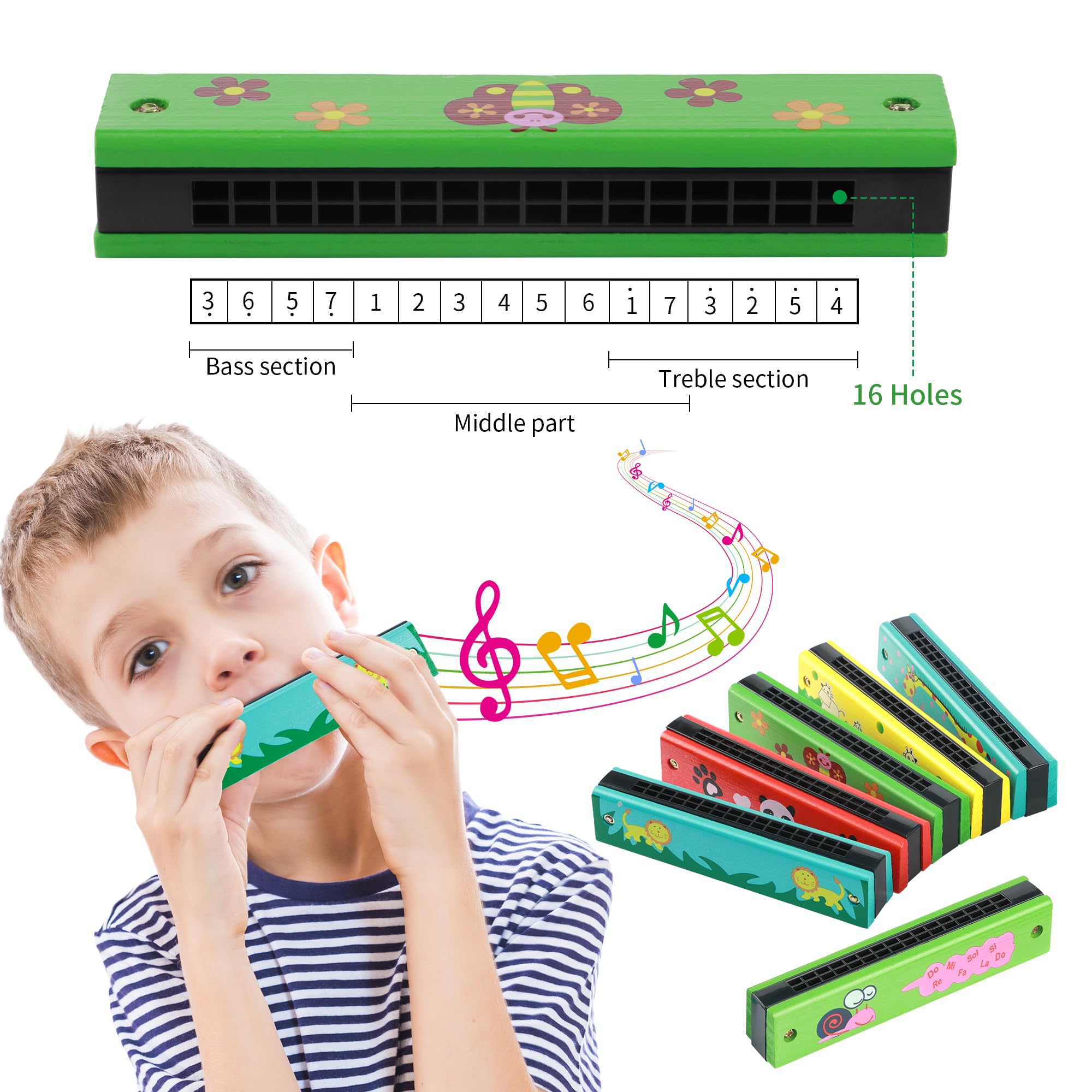 6 Pièces Harmonica pour Enfants, 16 Trous en Bois Harmonica Enfant, Cadeau d'Anniversaire pour Enfants Étudiants Débutants